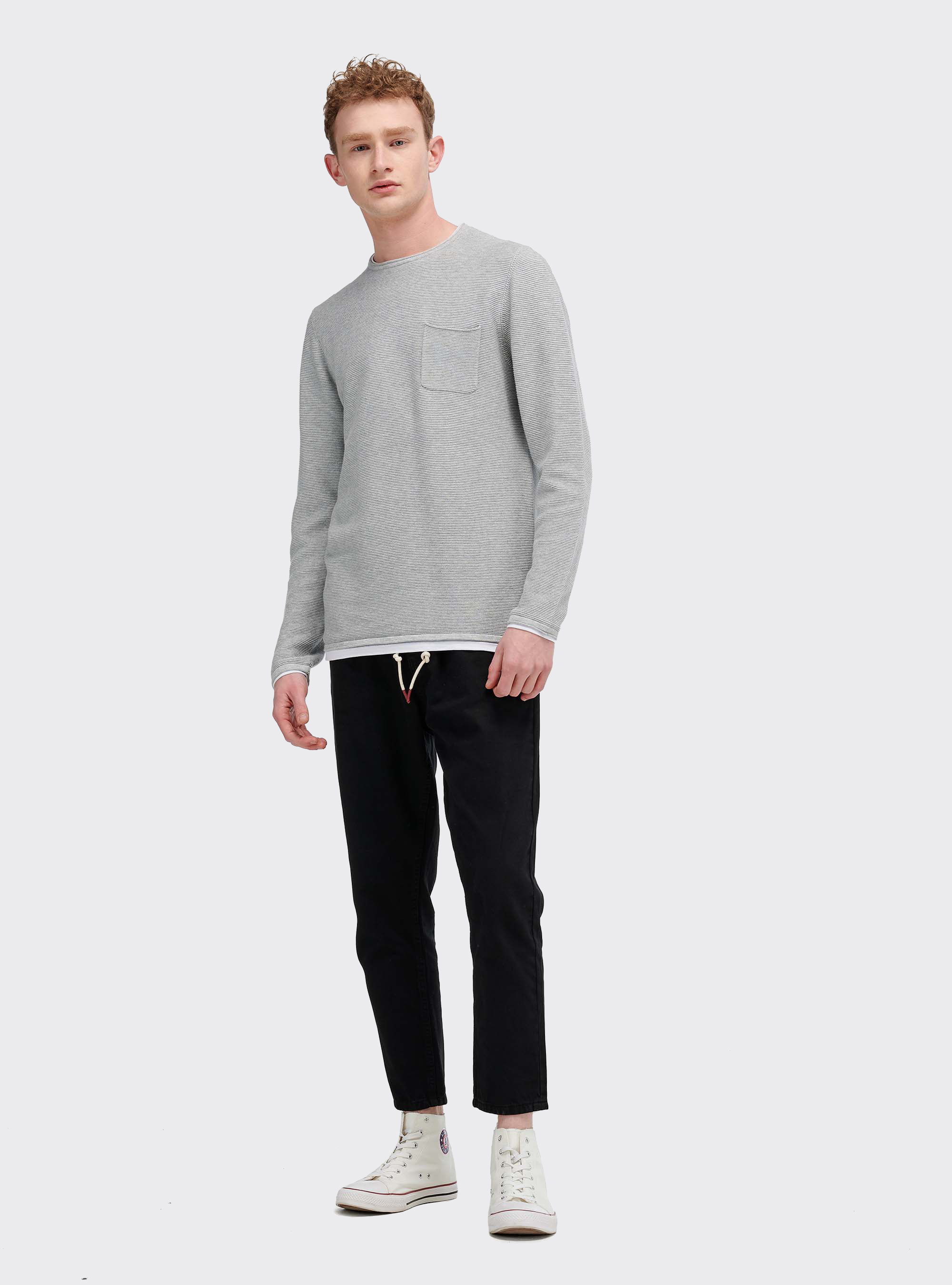 Roll neck sweater with T-shirt detail and one front pocket, LIGHT GREY MELANGE