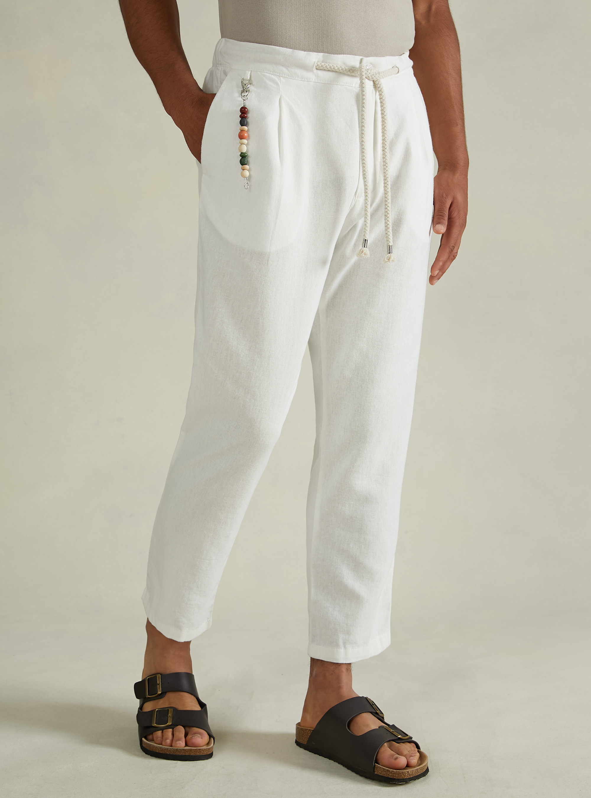 Linen-blend trousers with drawstring waist, WH2 WHITE