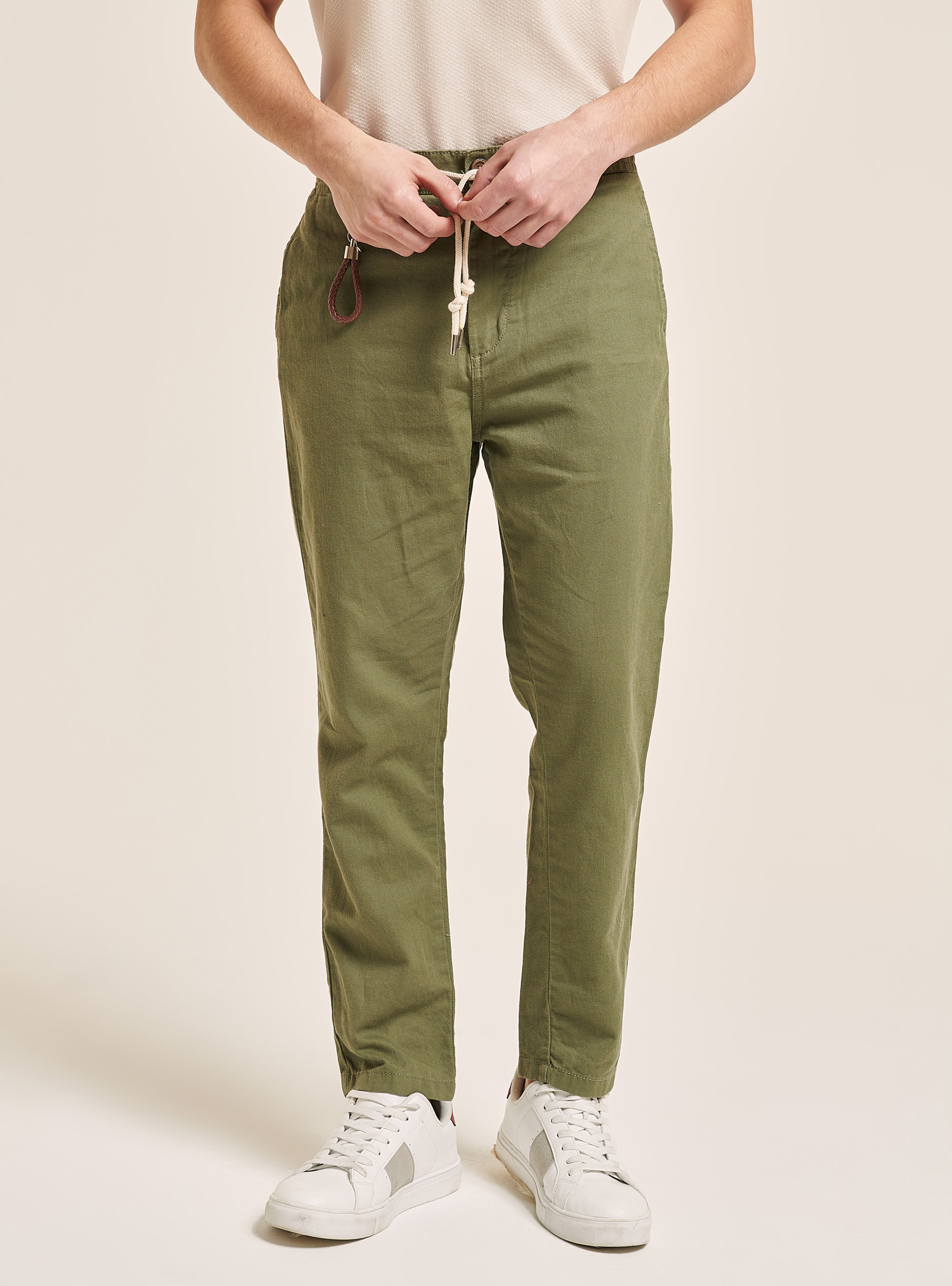 Linen blend lace-up pants, KAKI