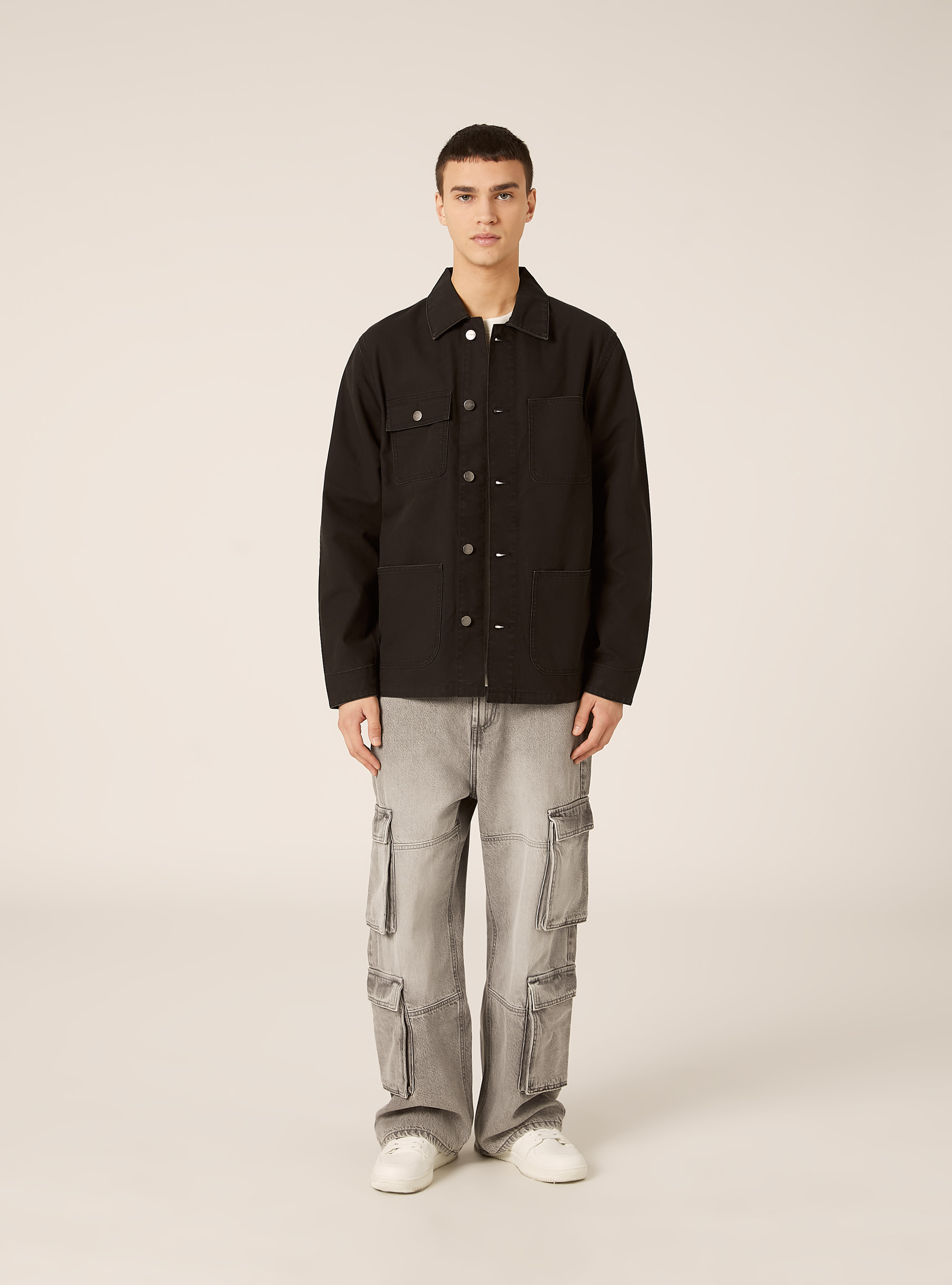 Giacca camicia in canvas tasche a toppa, BK1 BLACK