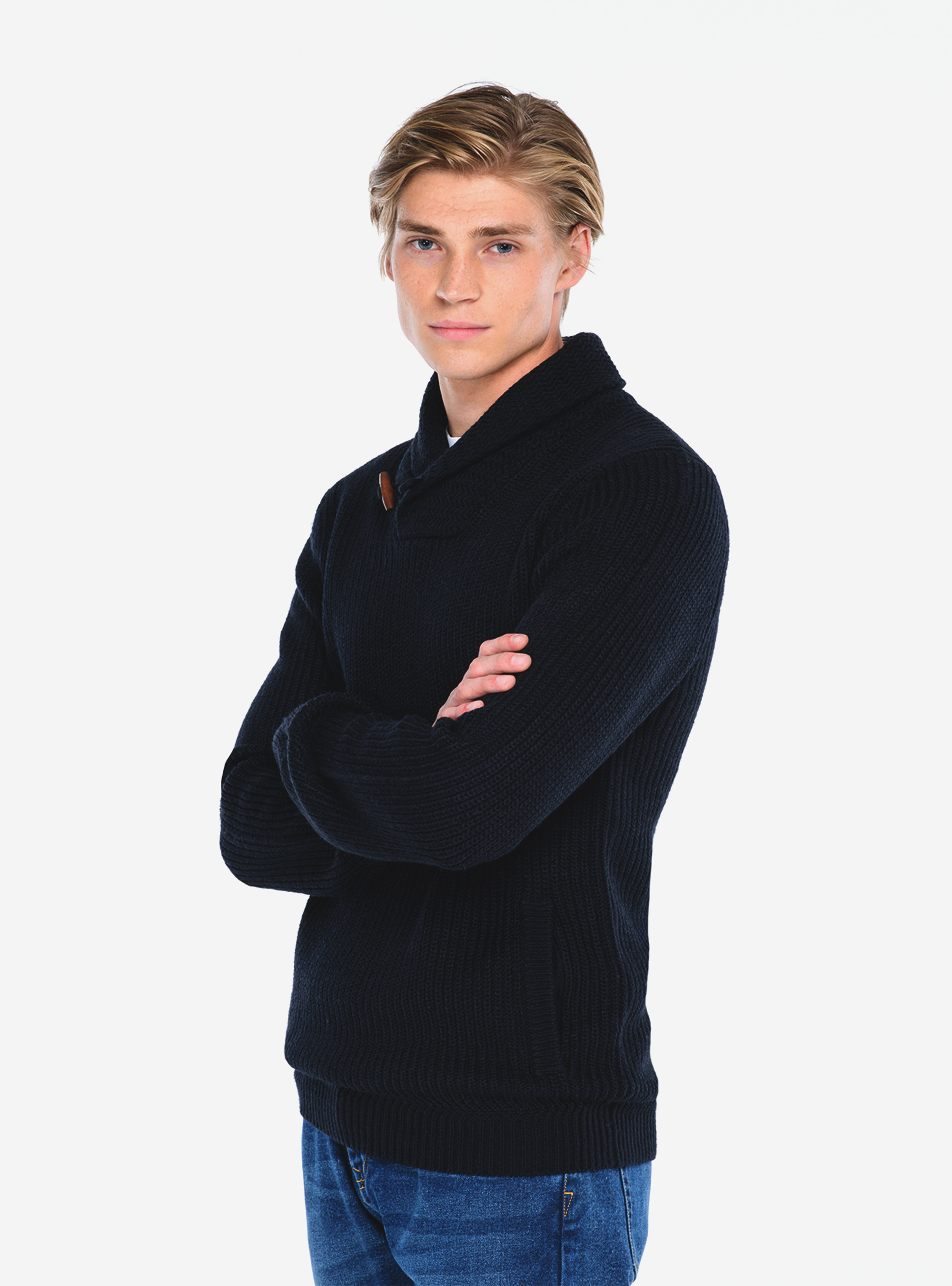 PULLOVER WITH SHAWL COLLAR, BLUE NAVY