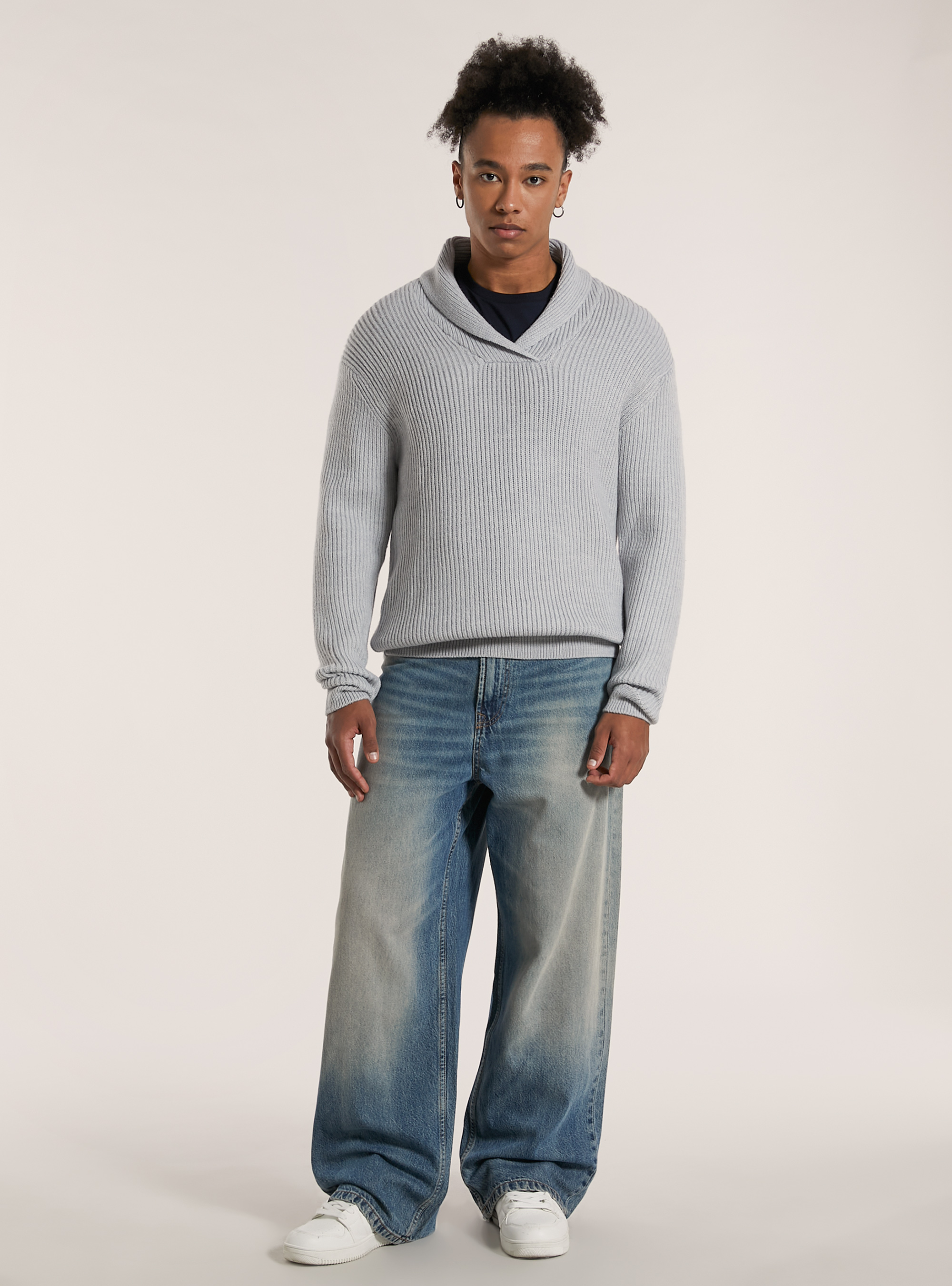 Soft ribbed pullover with raised collar, MGY3 GREY MEL LIGHT