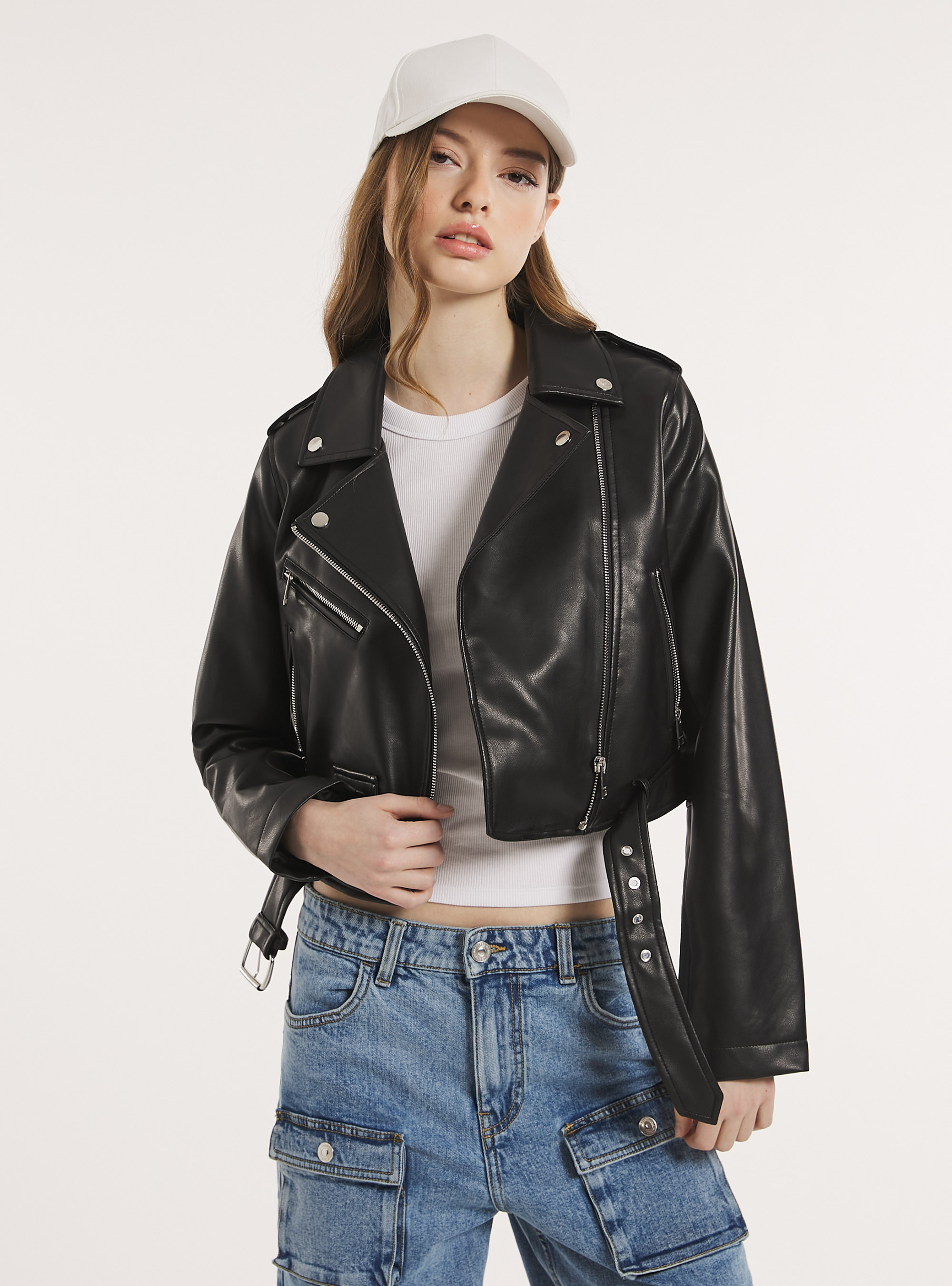 Leather-effect biker jacket, BK1 BLACK
