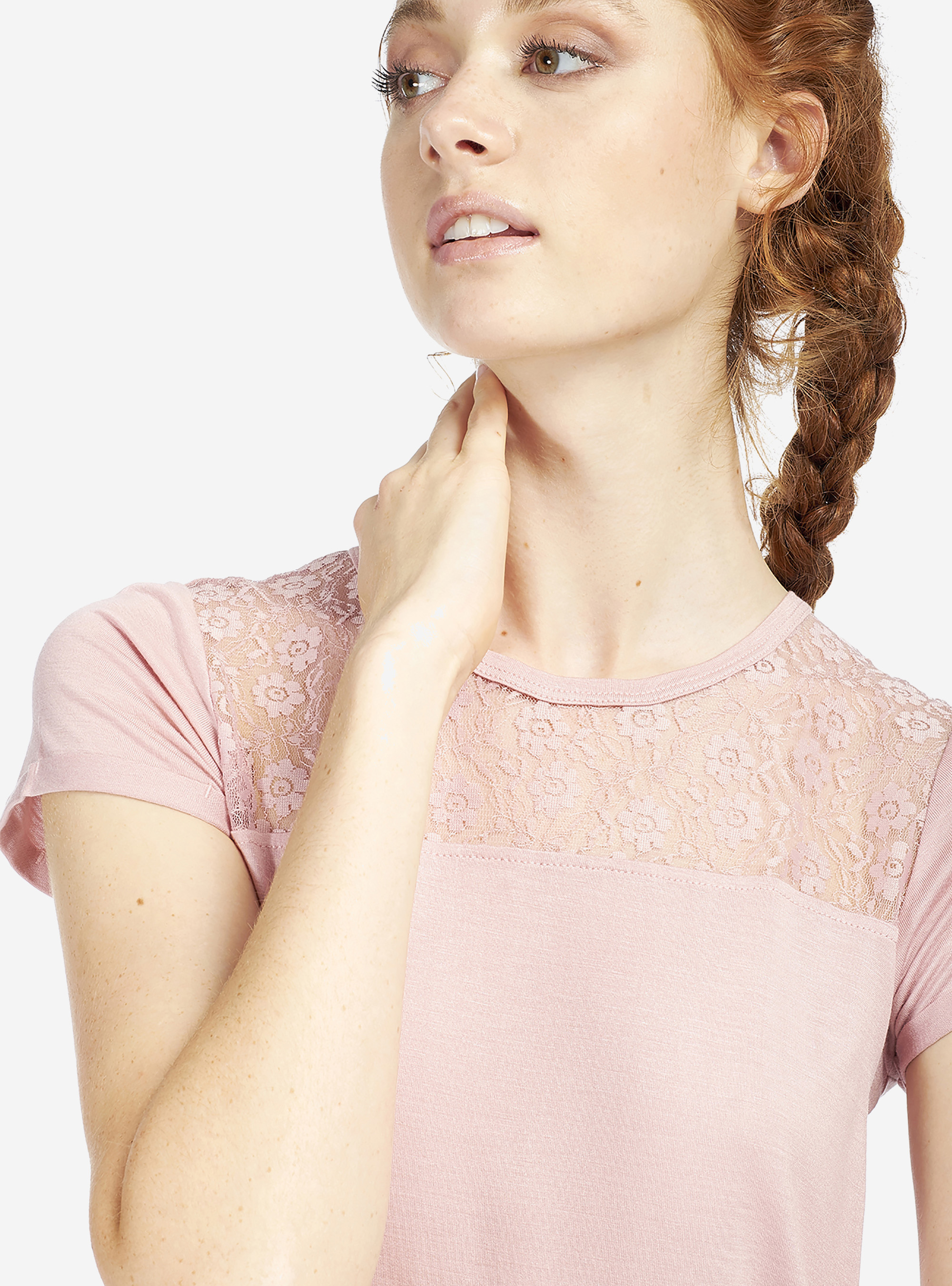 Maglietta comfort fit con dettagli in pizzo, ROSA