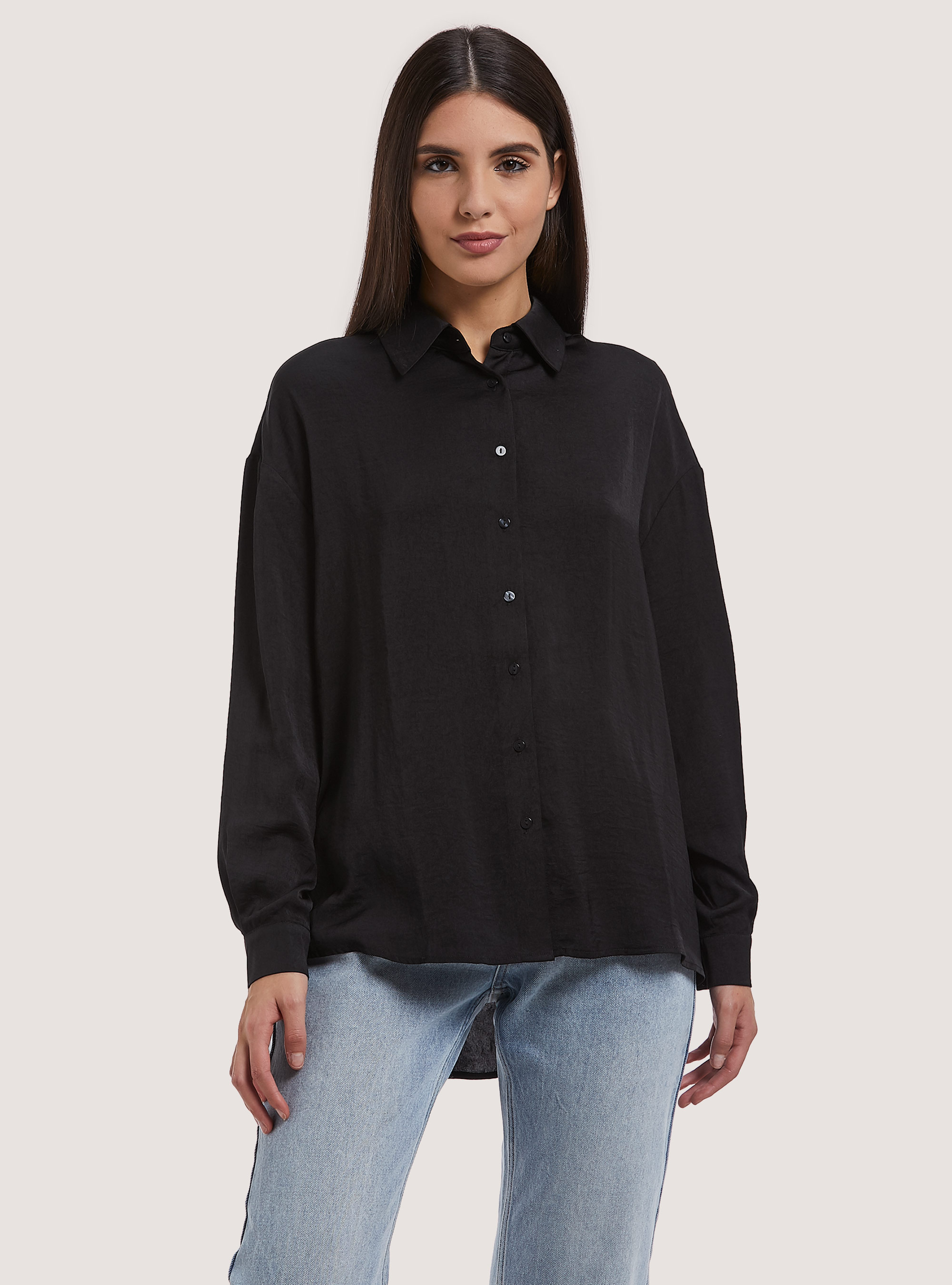 Solid-coloured satin shirt, BK1 BLACK