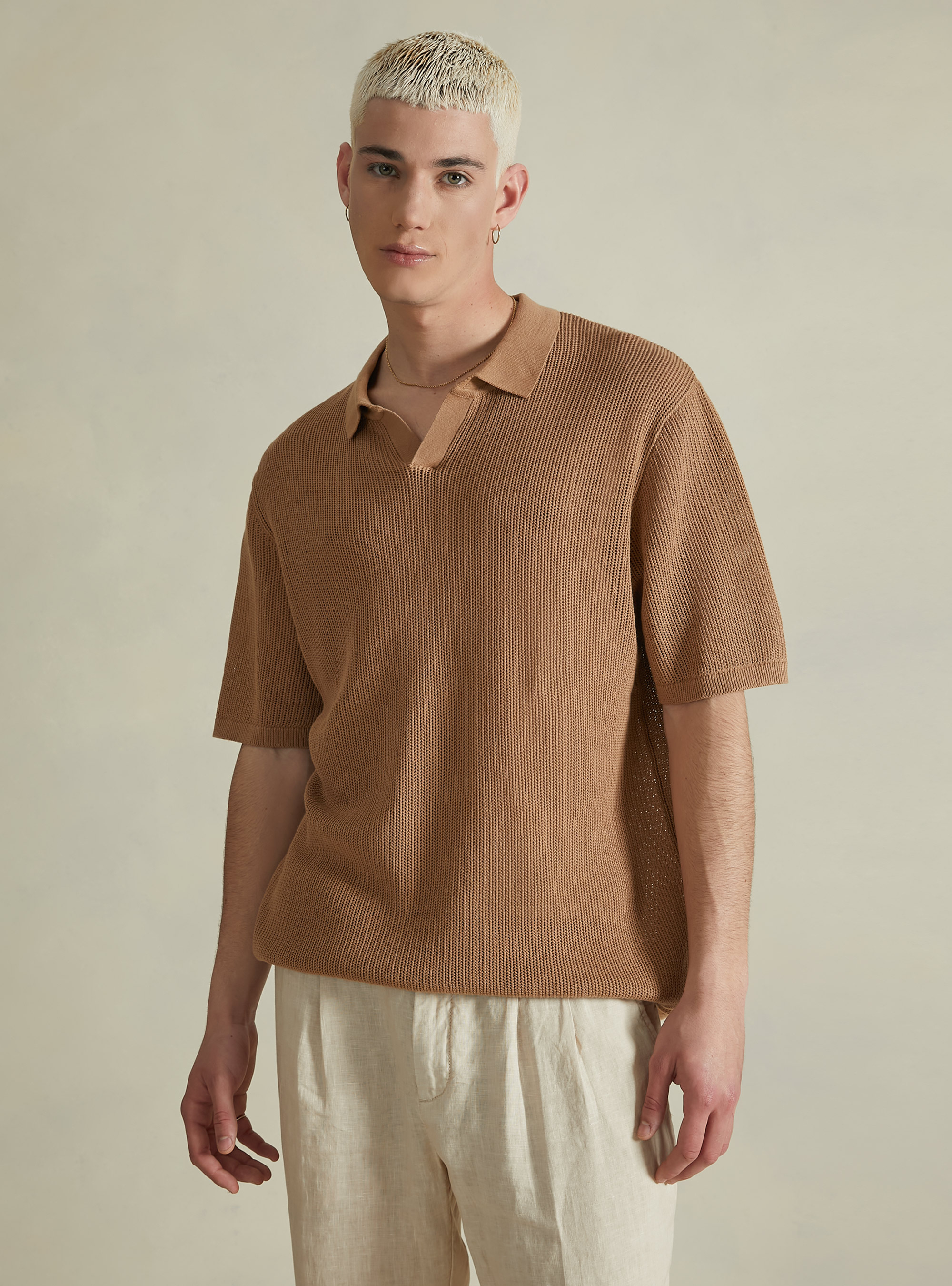 Openwork pullover with polo neck, BG2 BEIGE MEDIUM
