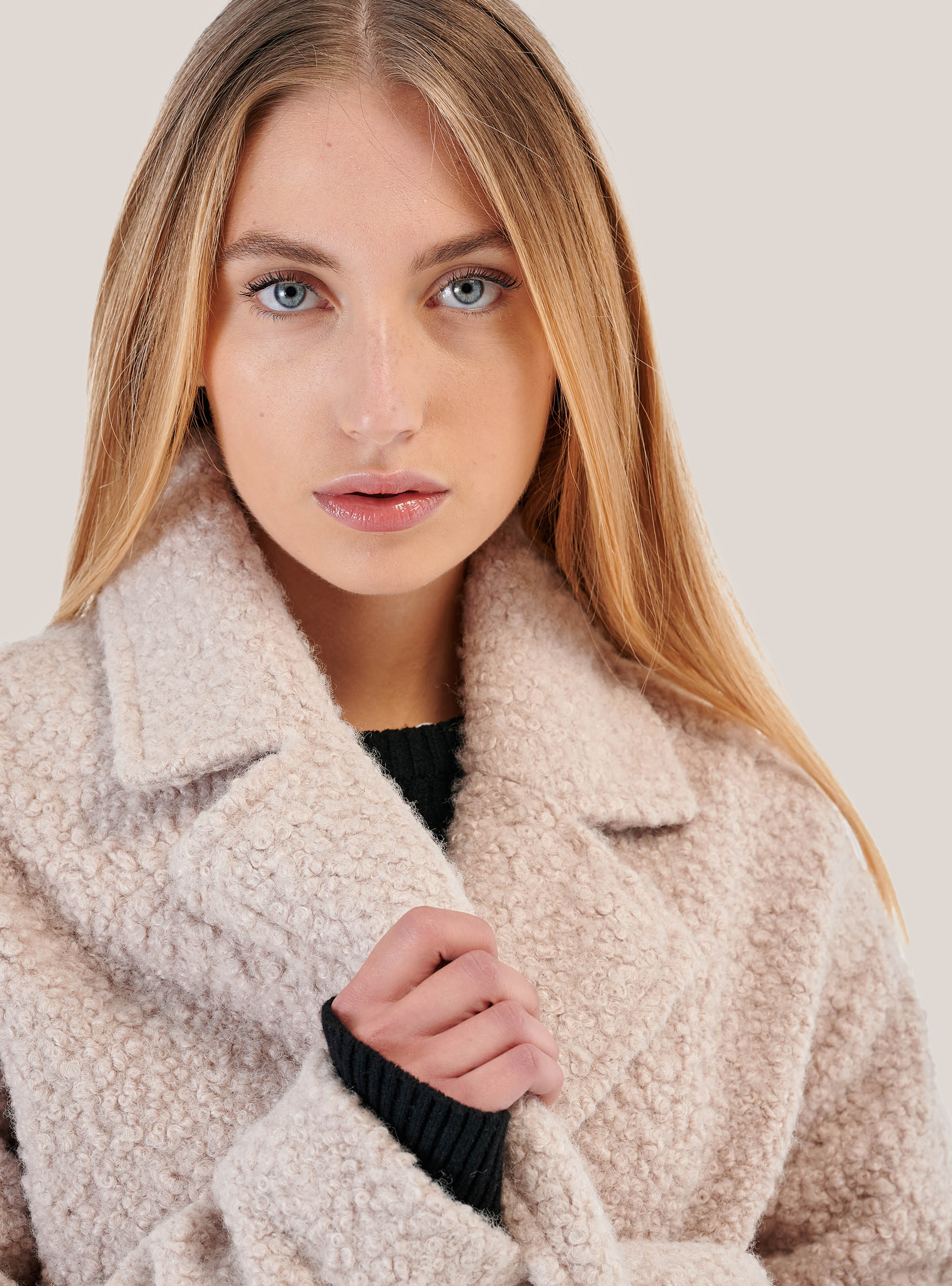 Cappotto doppiopetto effetto montone, BIANCO