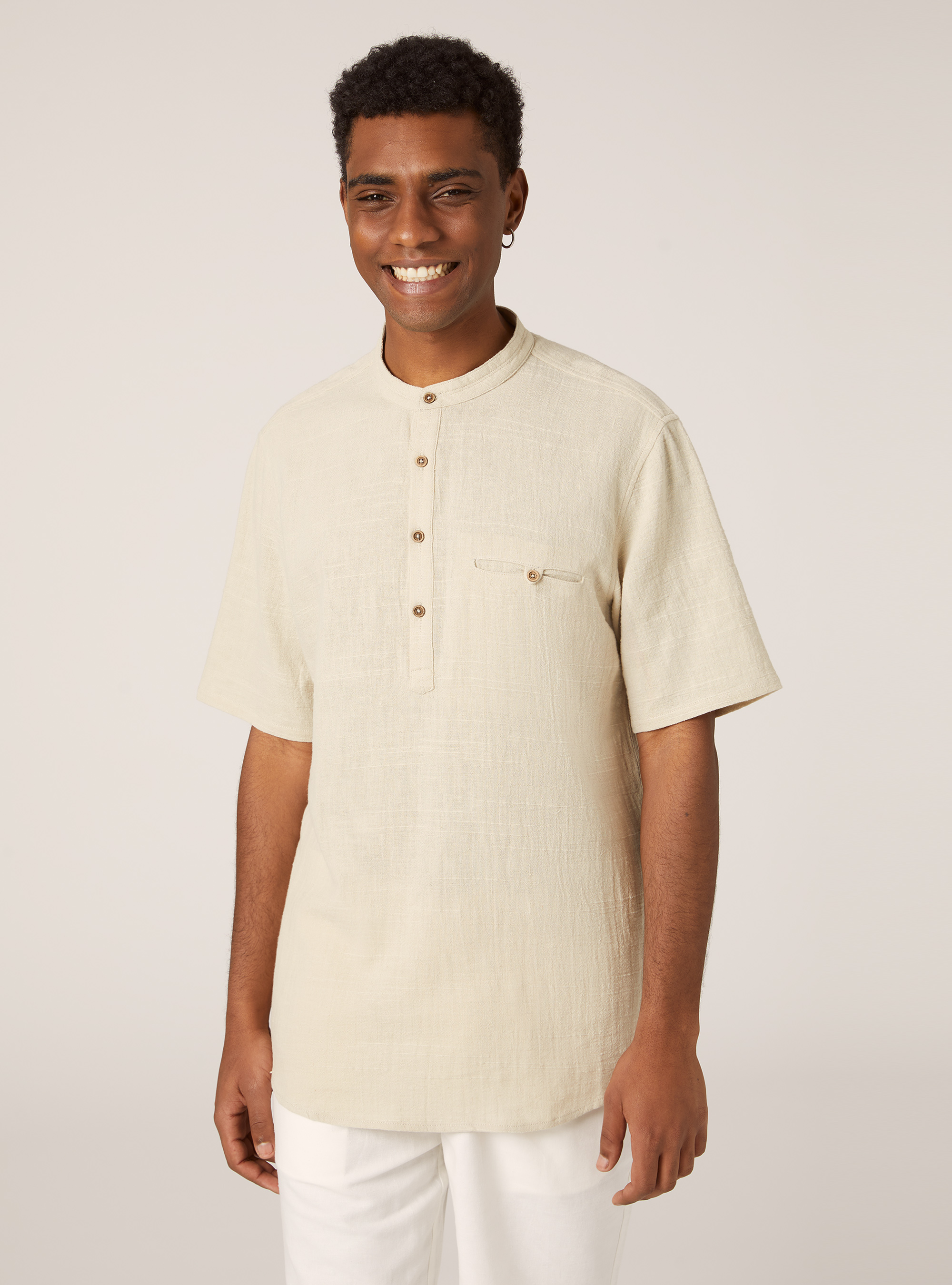 Chemise en lin mélangé à col coréen, BG3 BEIGE LIGHT
