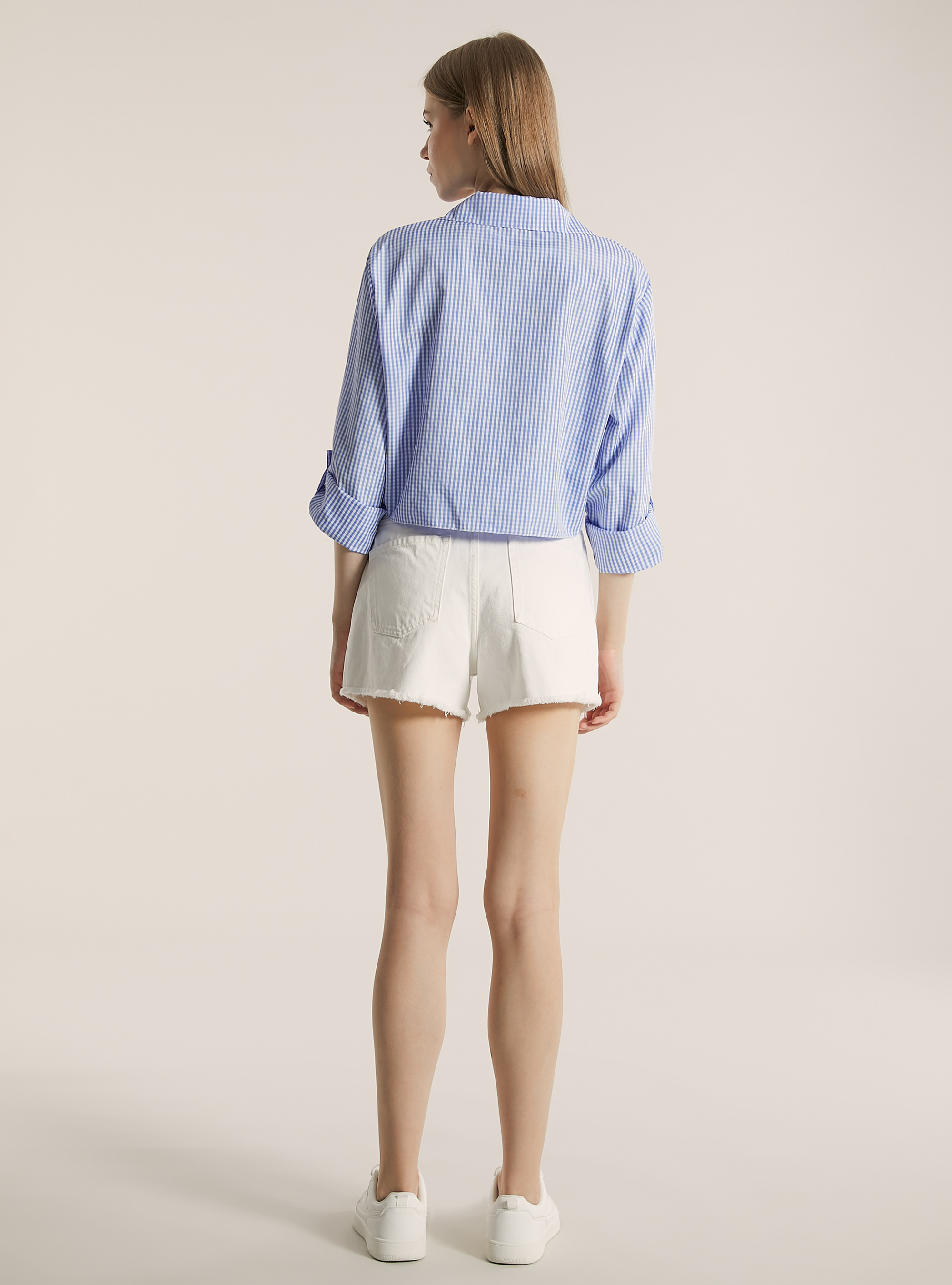 Chemise cropped en popeline ray&eacute;e, BL1 BLUE DARK