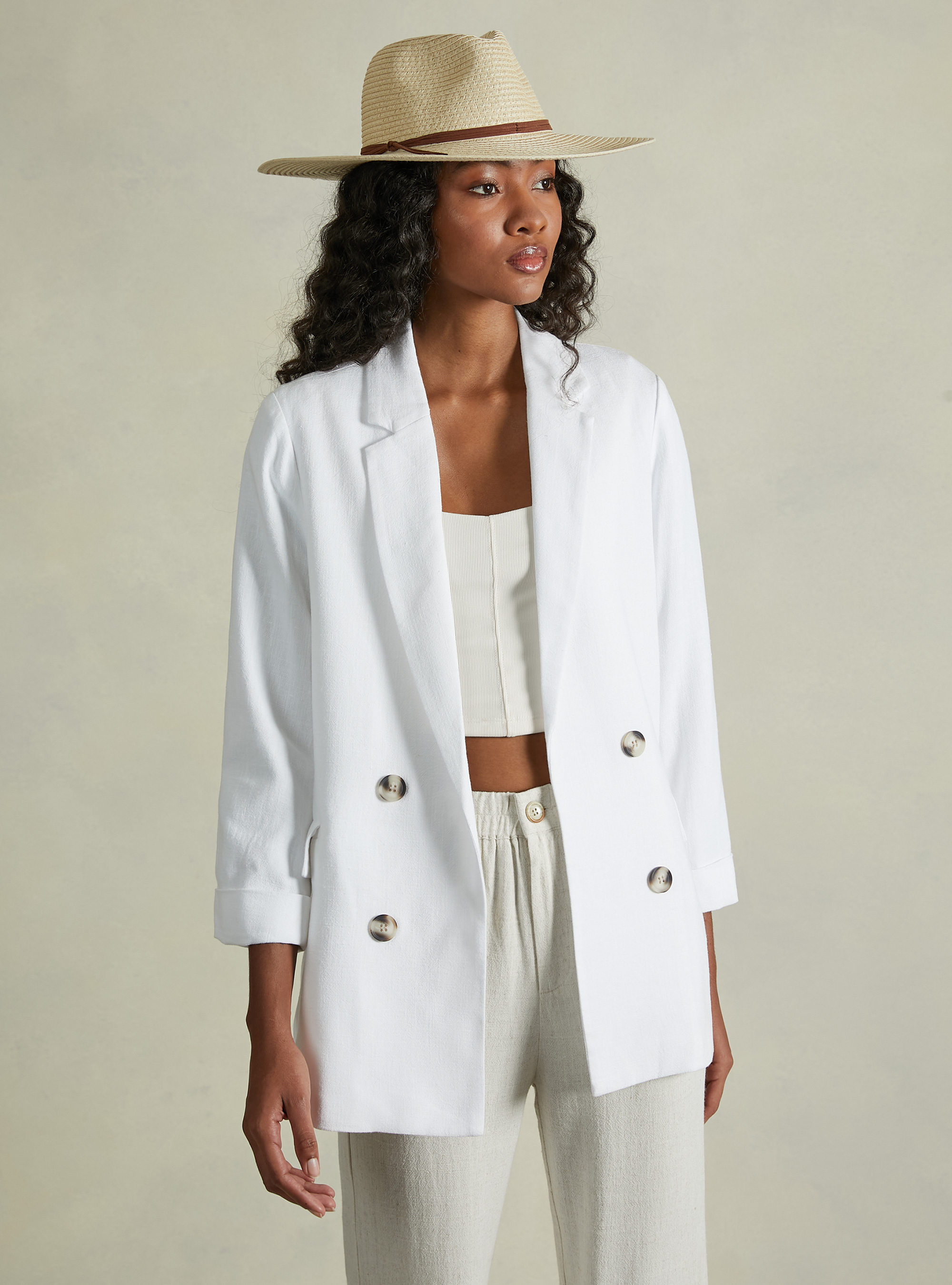 Blazer doppiopetto in misto lino, WH2 WHITE