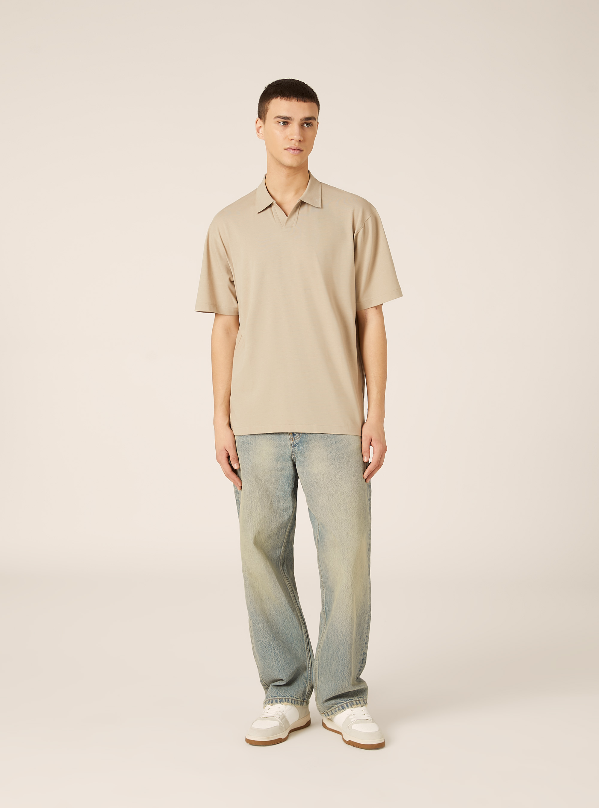Polo mezza placchetta in jersey elasticizzato, BG2 BEIGE MEDIUM