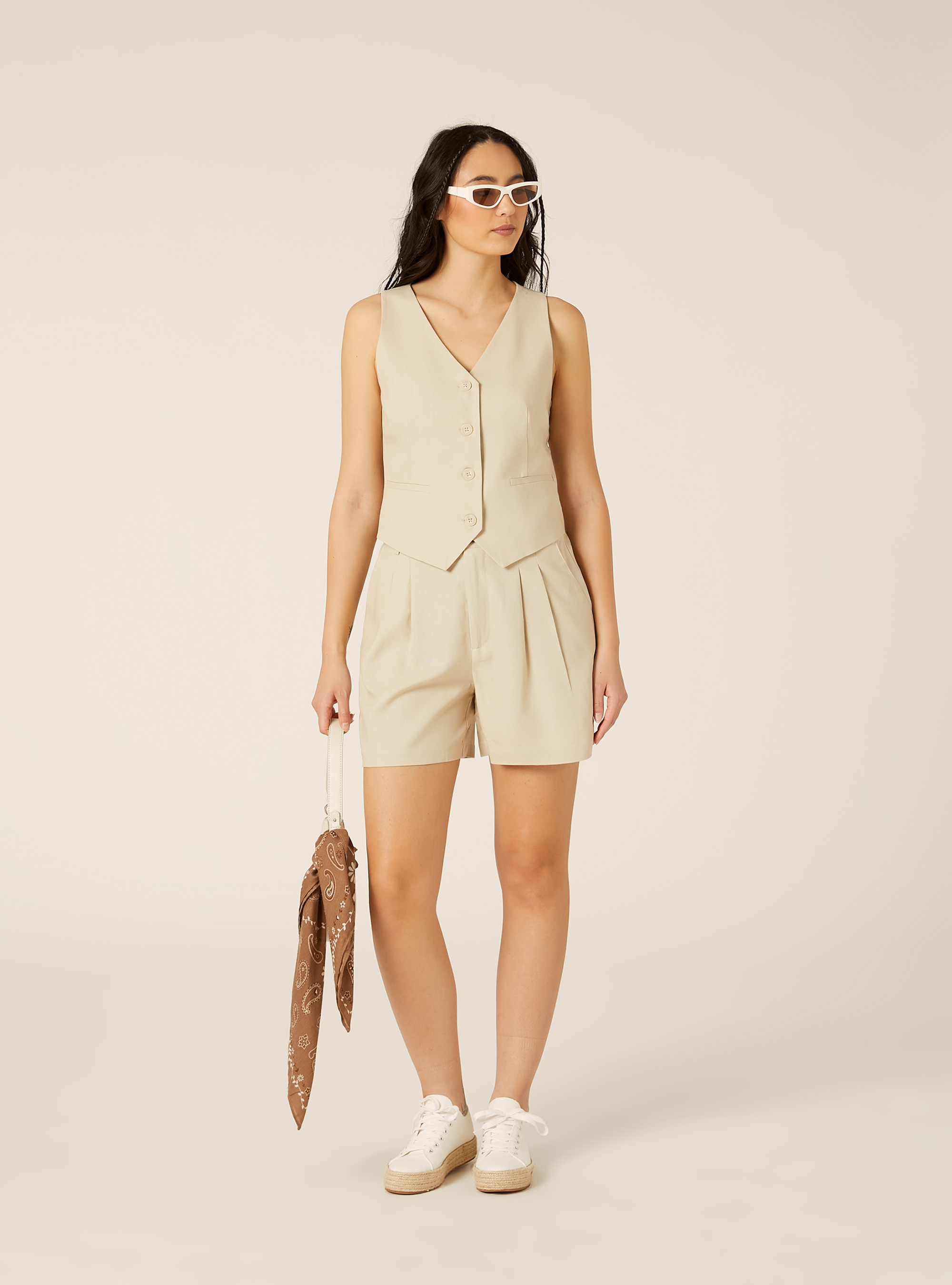 Gilet corto in misto lino, MBG2 BEIGE MEL MED