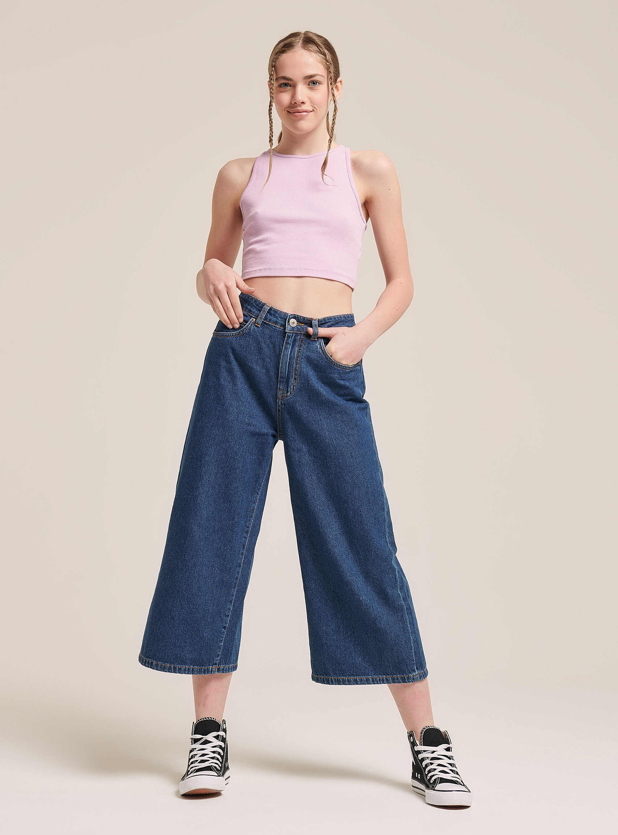 Elastic ribbed crop top in cotton, C3303 LILLAC