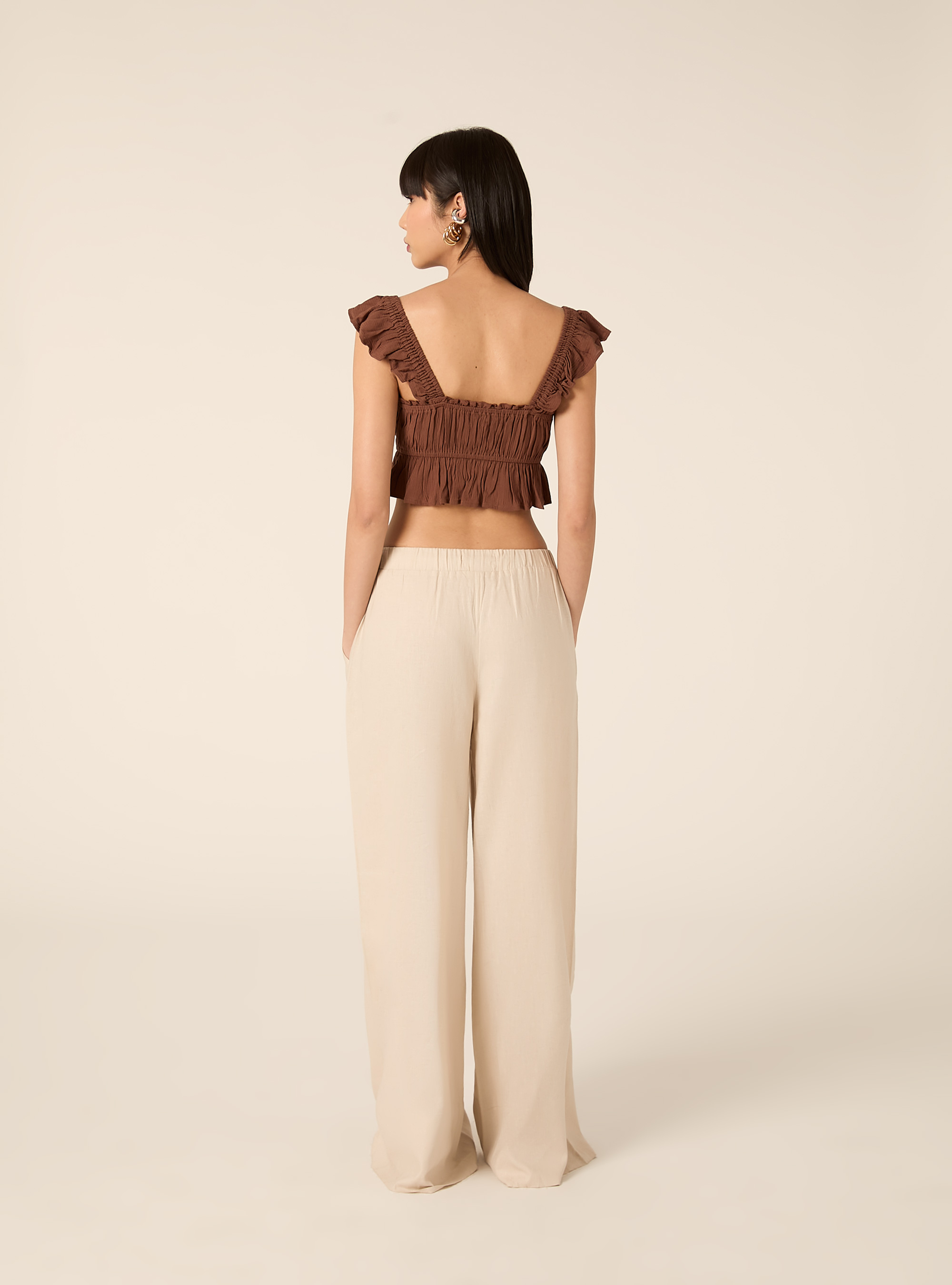 Top in crepe con volant, BR2 BROWN MEDIUM