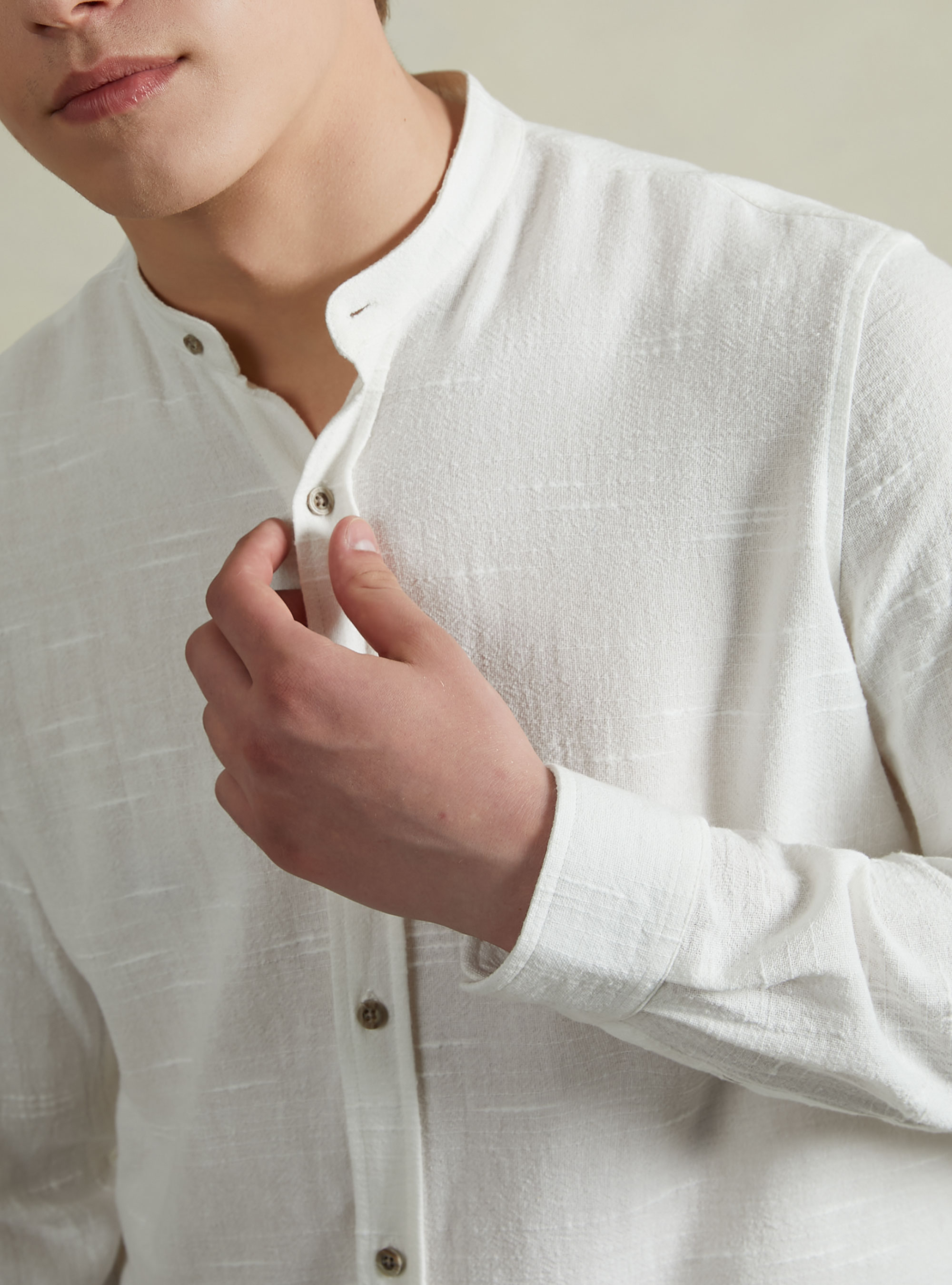 Linen blend shirt with Korean collar, WH1 OFF WHITE