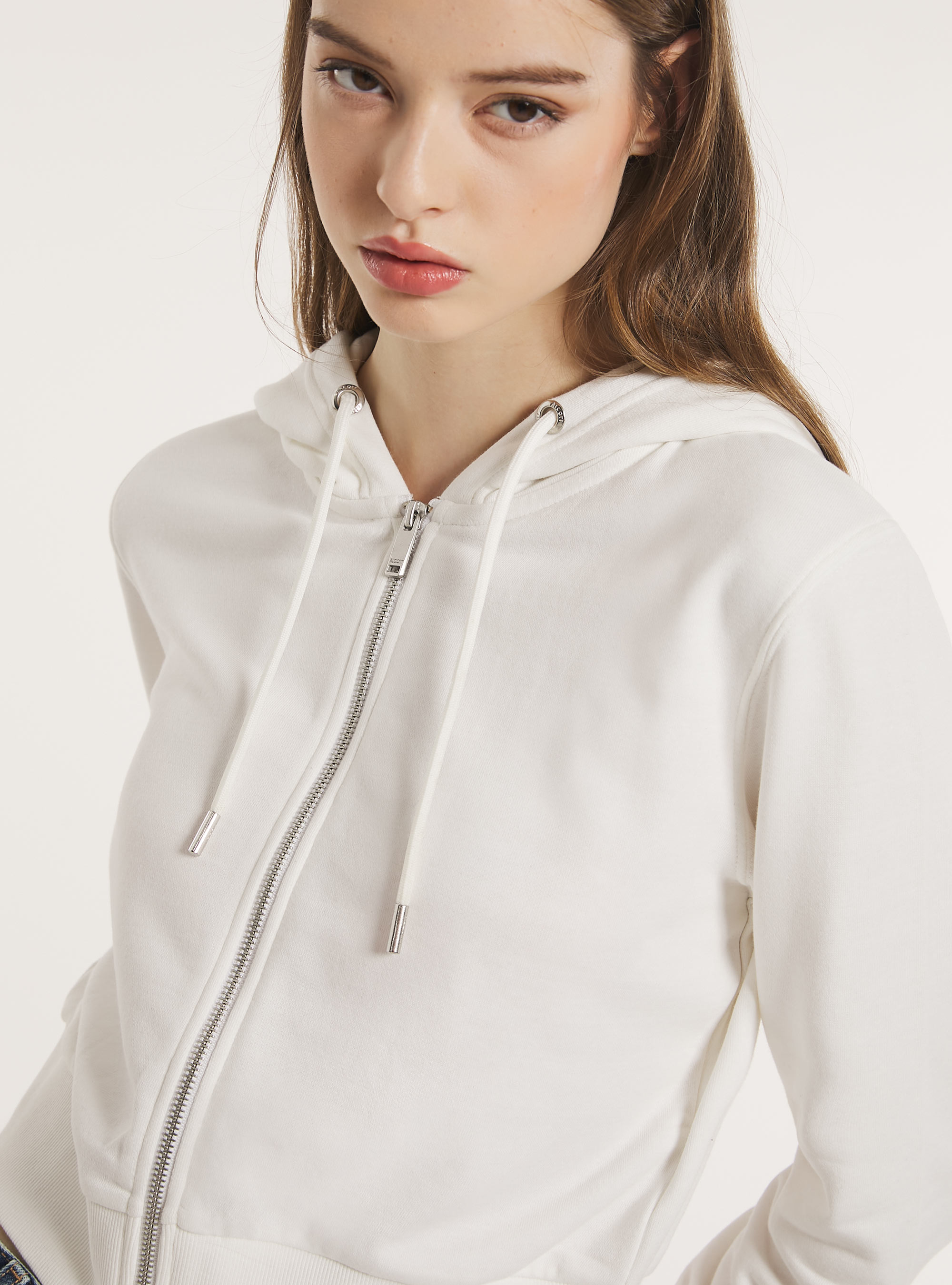 Cropped sweatshirt with zip and hood, WH2 WHITE