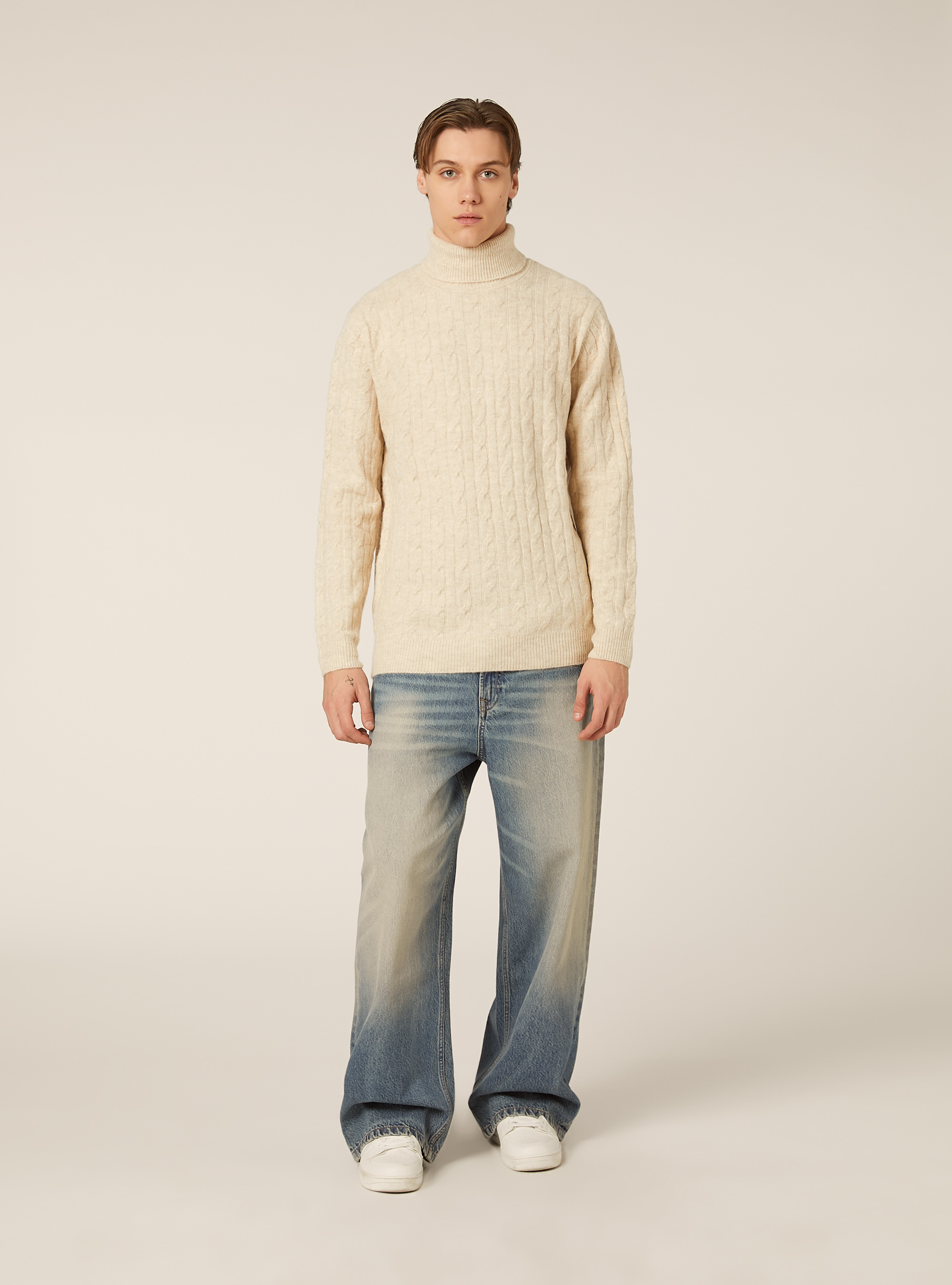 High-neck pullover with cable knit, MBG3 BEIGE MEL LIGHT