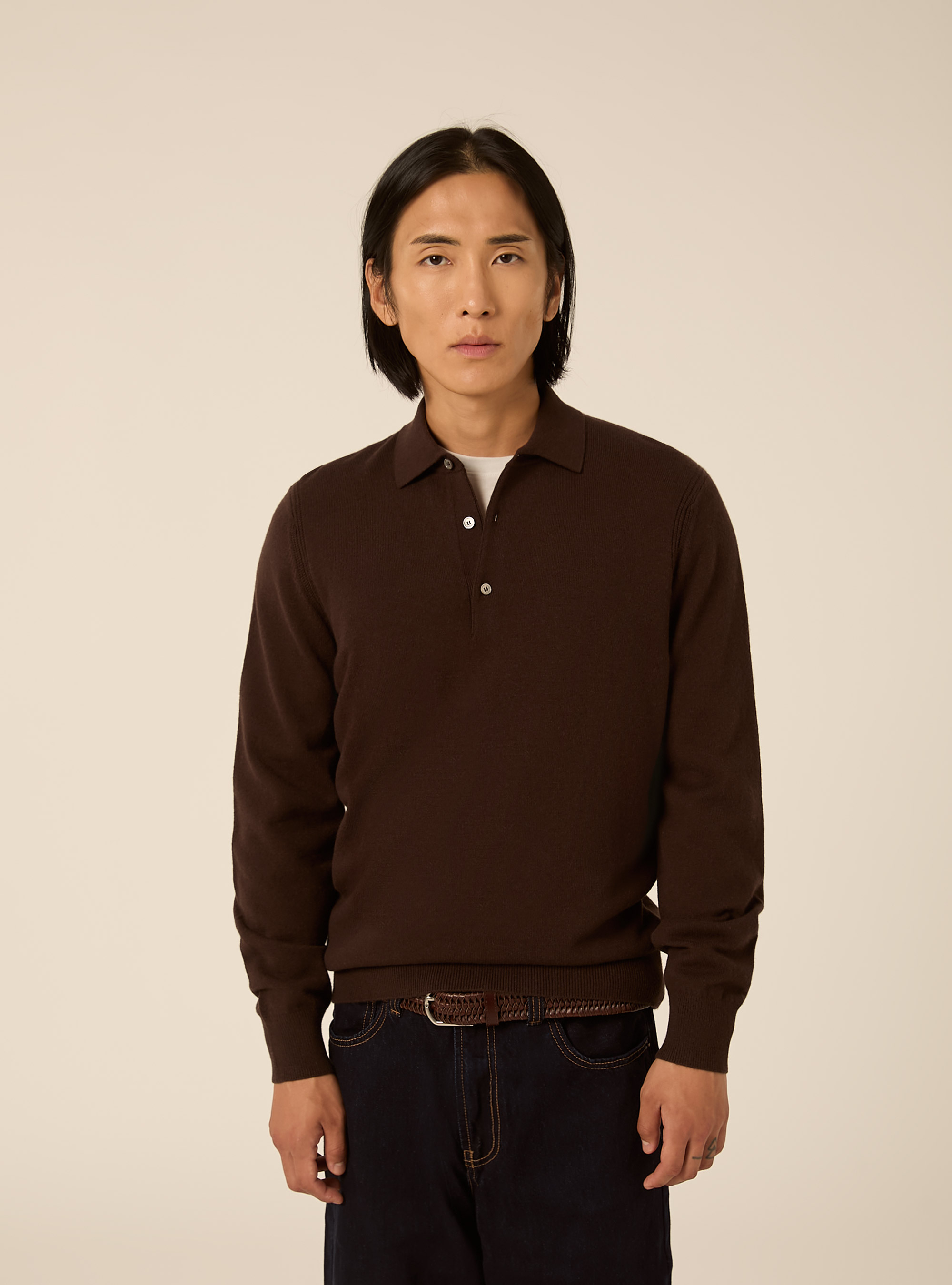 Polo a manches longues en maille melange de laine et cachemire, BR1 BROWN DARK