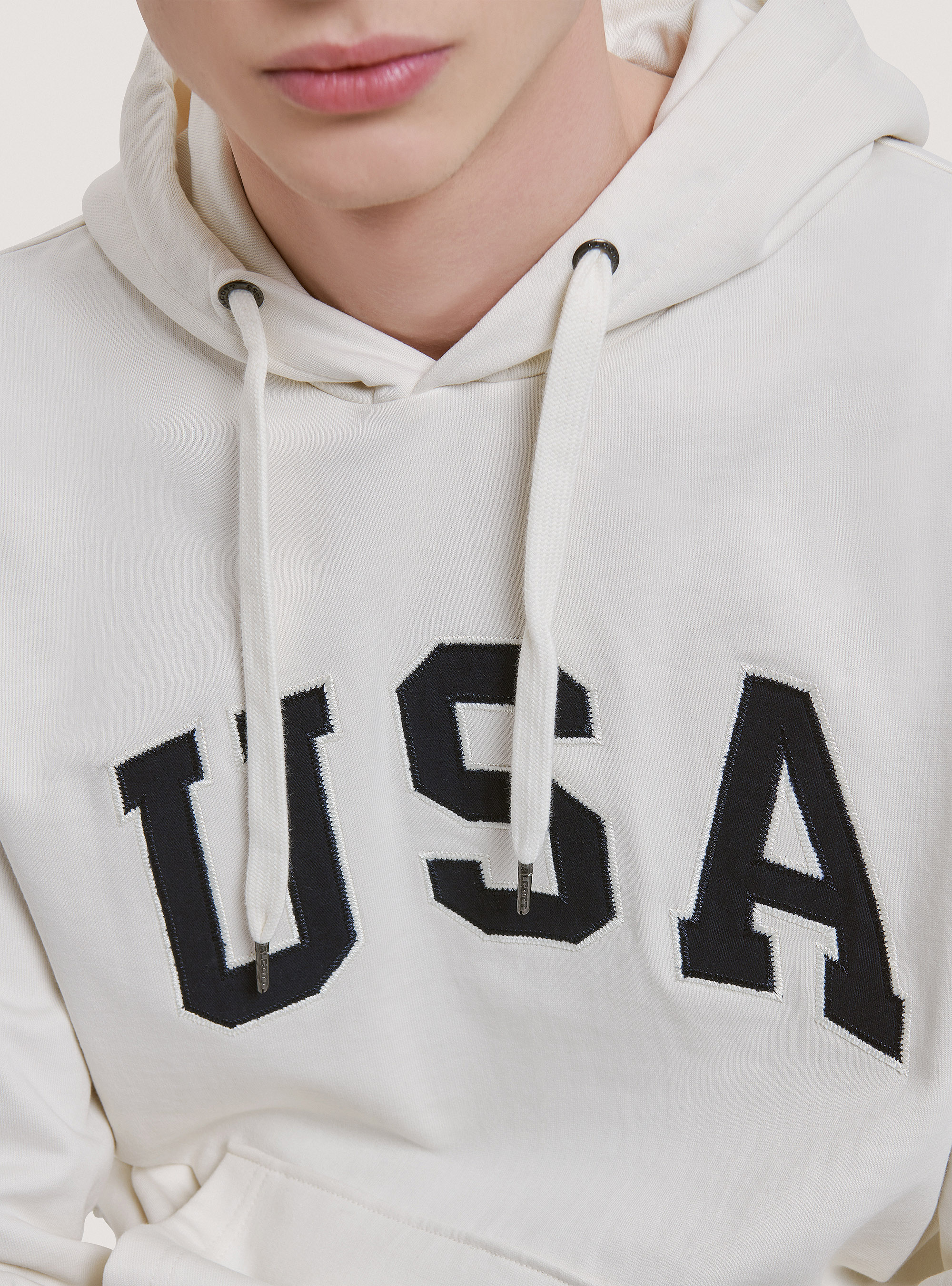 Baumwollsweatshirt mit Kapuze und USA-Aufnäher, C104 CREAM