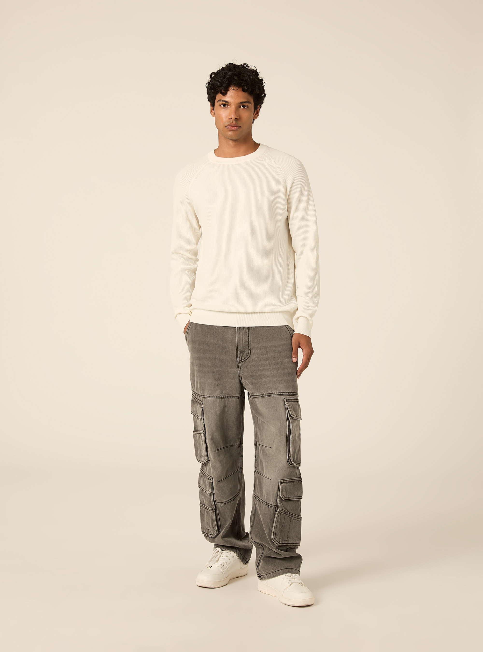 Maglia girocollo in misto cotone regular fit, WH2 WHITE