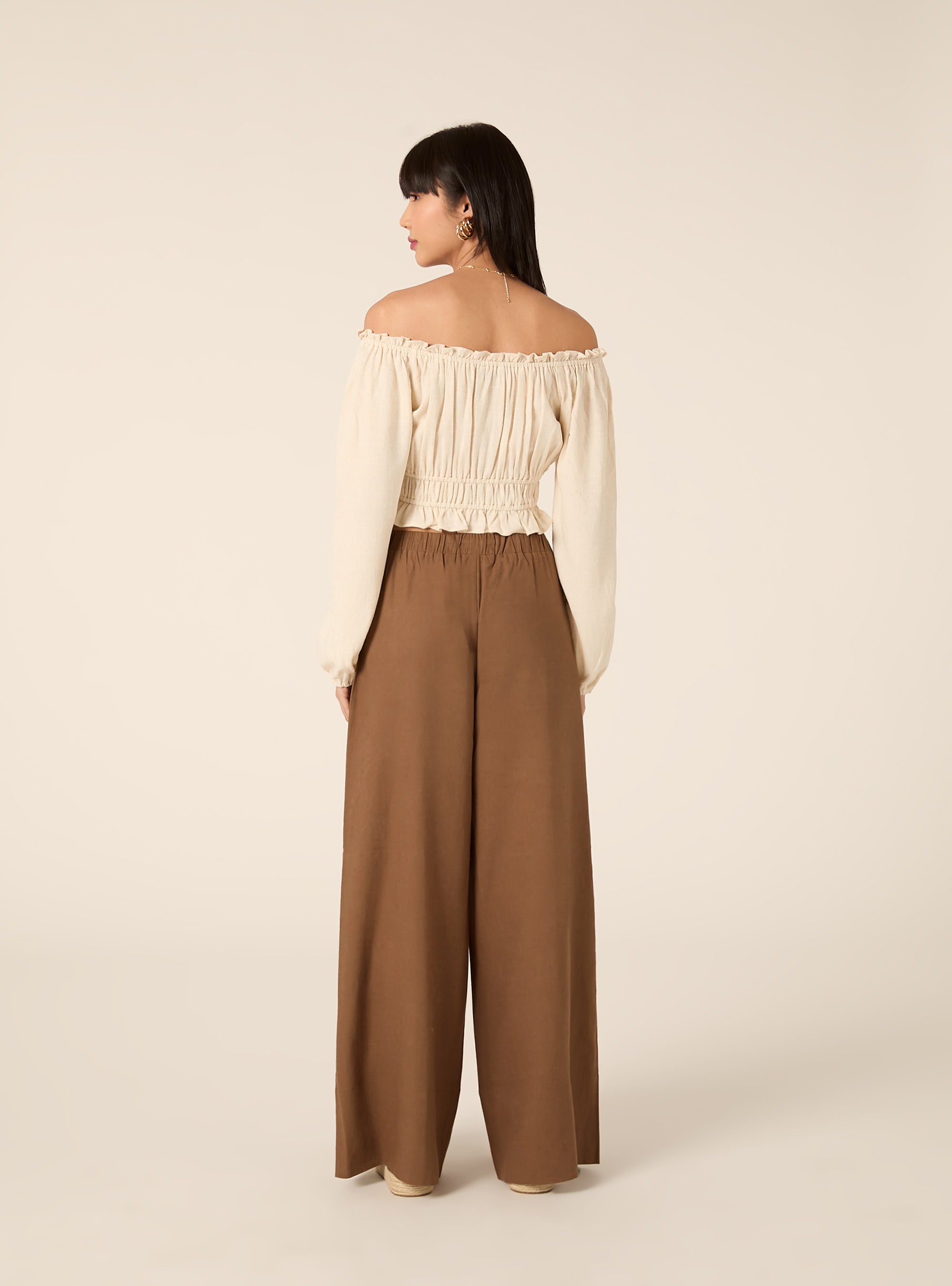 Blusa con spalle scoperte in misto lino, MBG3 BEIGE MEL LIGHT