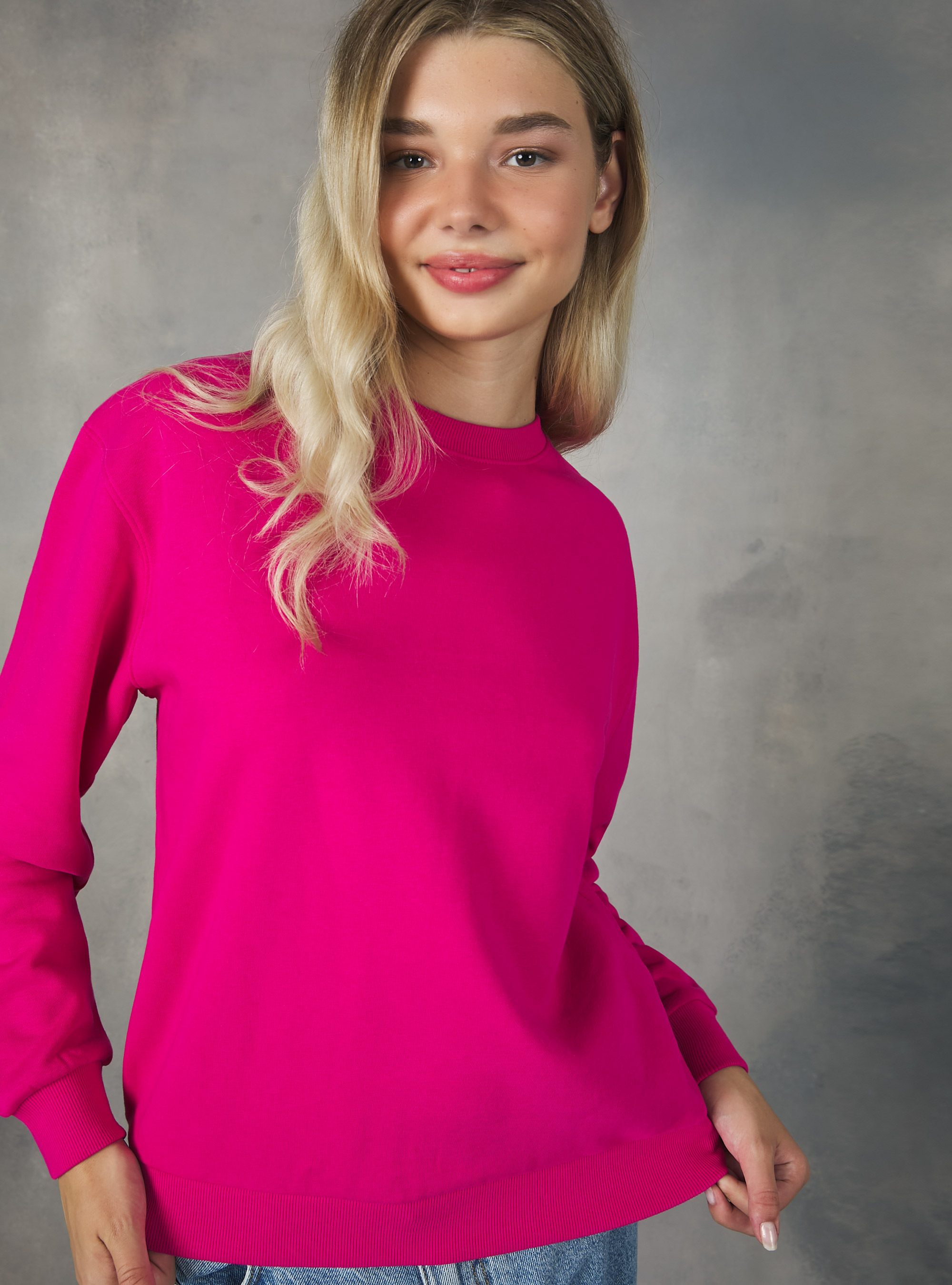 Plain-coloured cotton crew-neck sweatshirt, FX3 FUXIA LIGHT