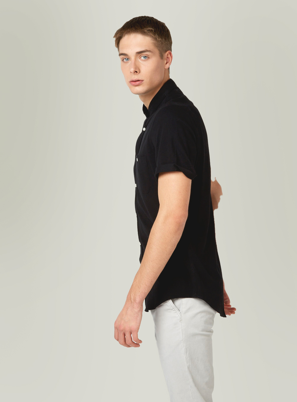 Camicia di piquet con collo coreano, BLACK