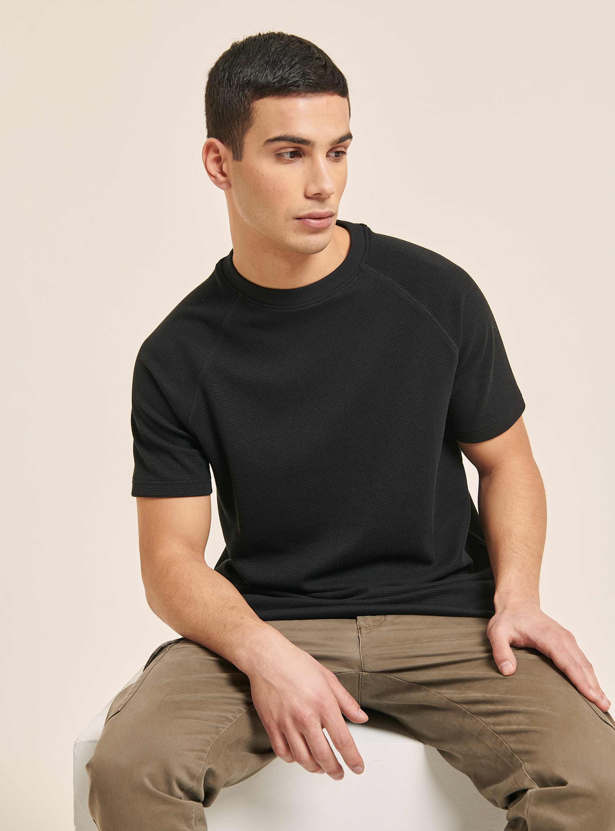 Textured cotton T-shirt, BK1 BLACK