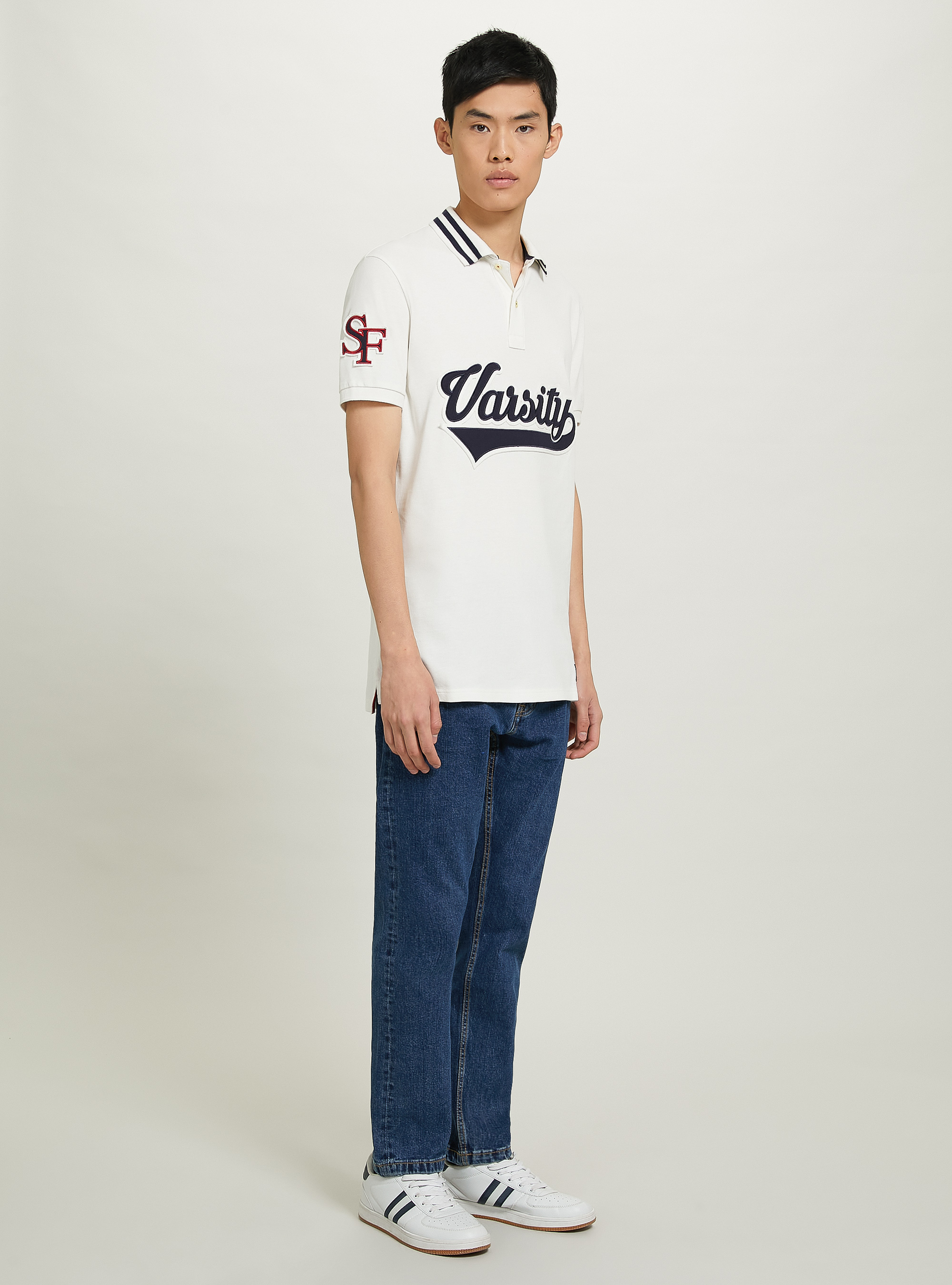 Polo en coton avec patch Varsity, C0020 OFF WHITE