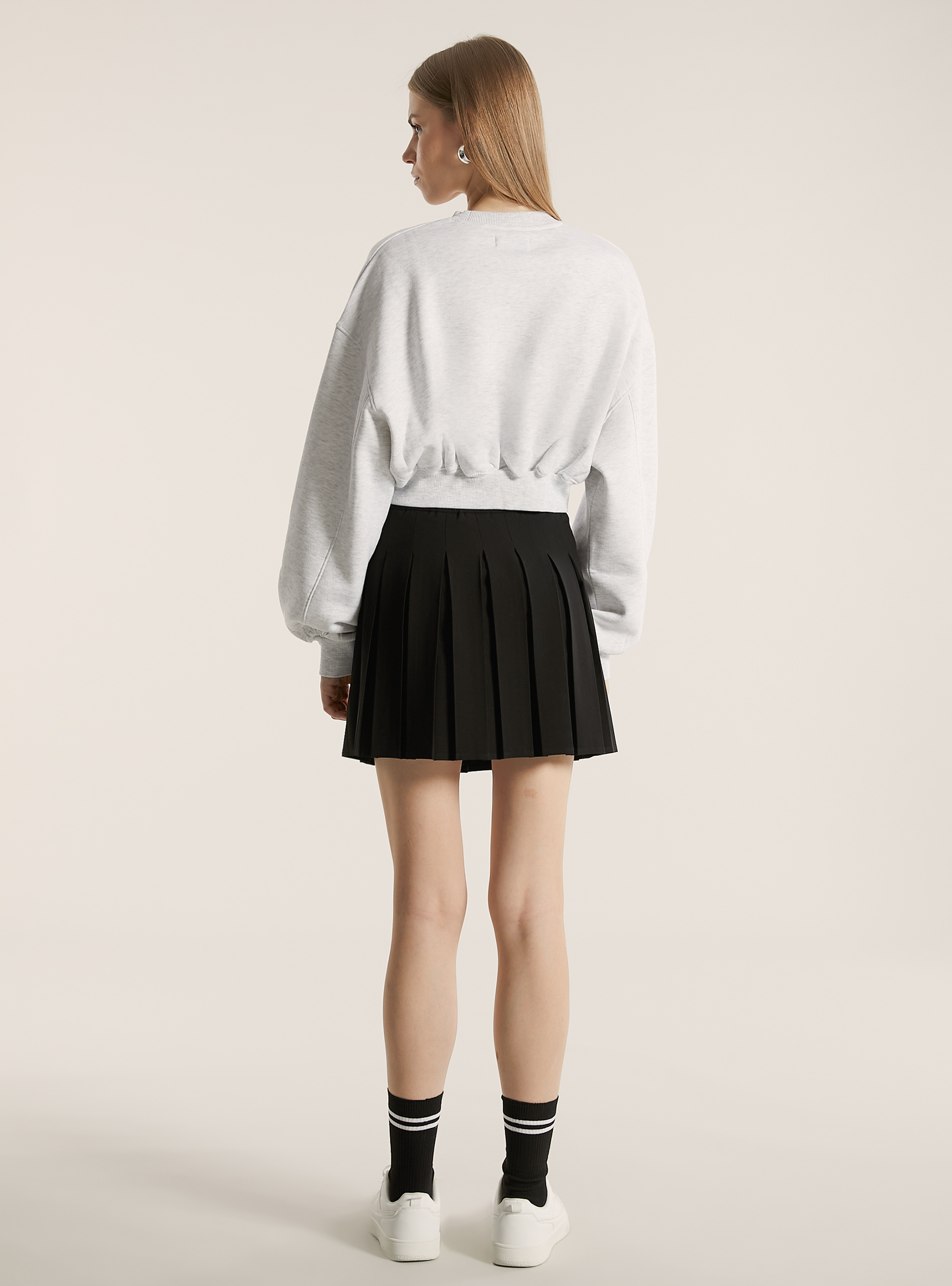 Baumwoll-Crop-Sweatshirt mit Rundhalsausschnitt, MGY3 GREY MEL LIGHT