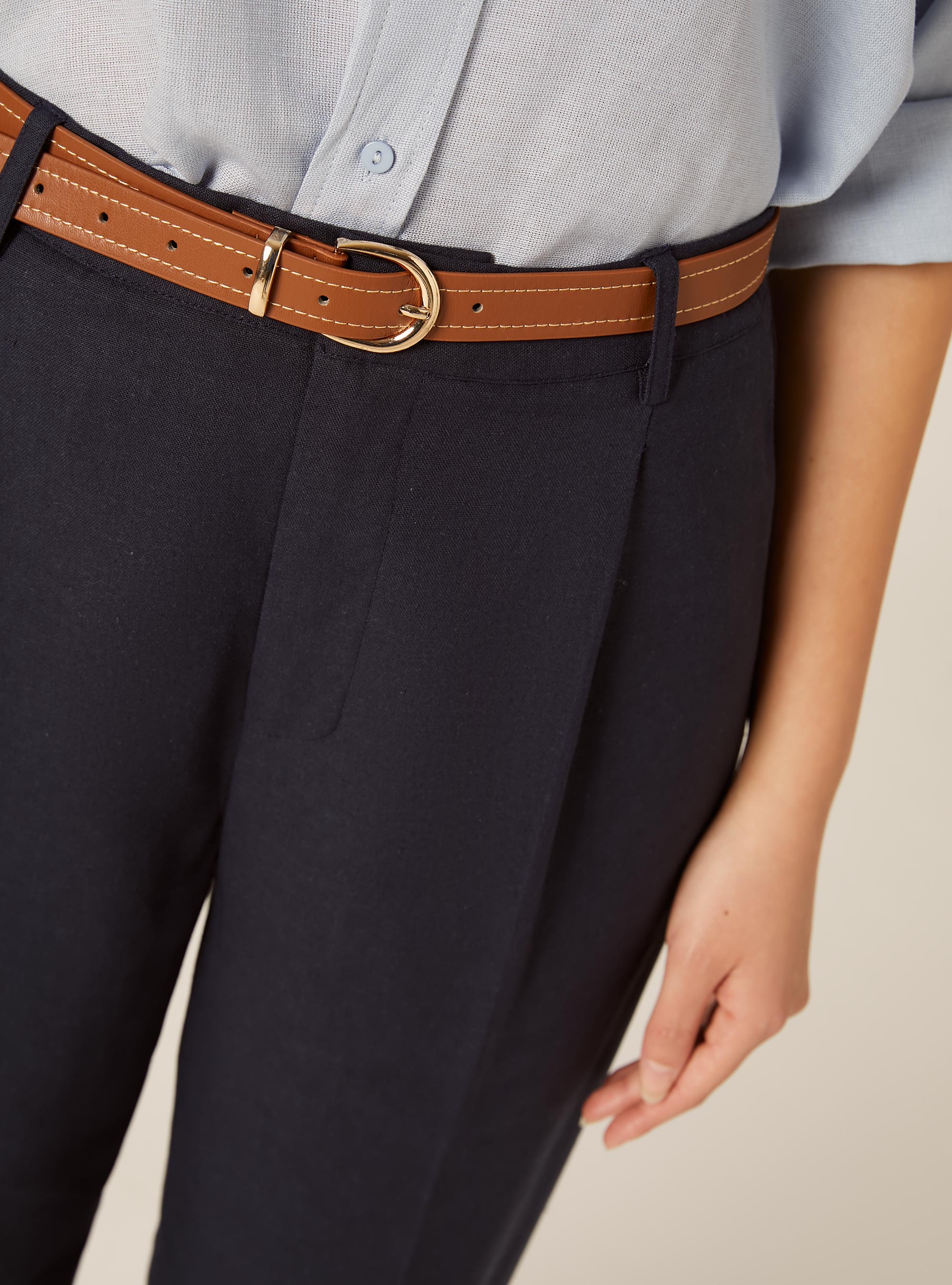 Pantaloni dritti in misto lino con cintura, NA2 NAVY MEDIUM