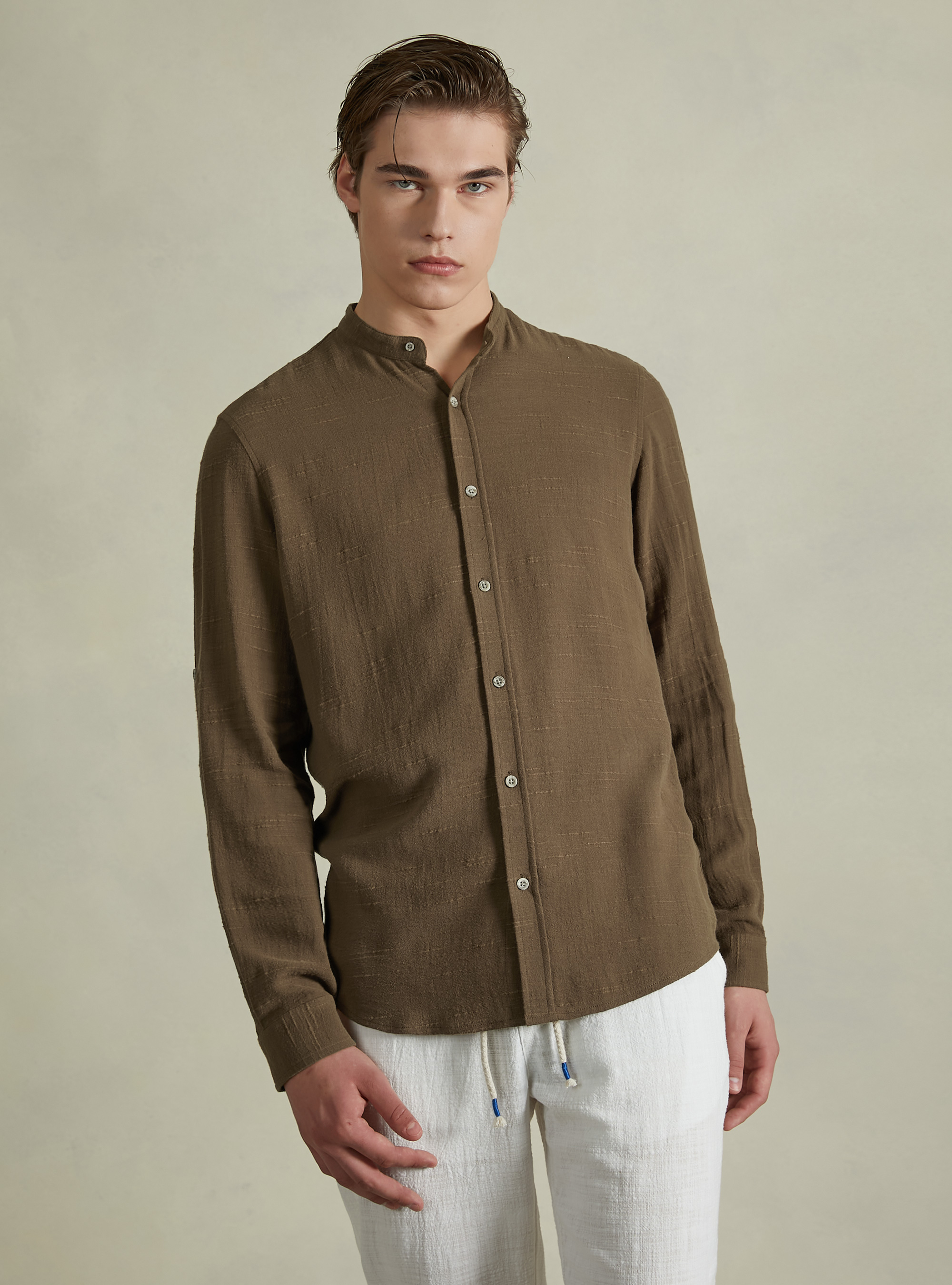 Linen blend shirt with Korean collar, TB1 TOBACCO DARK