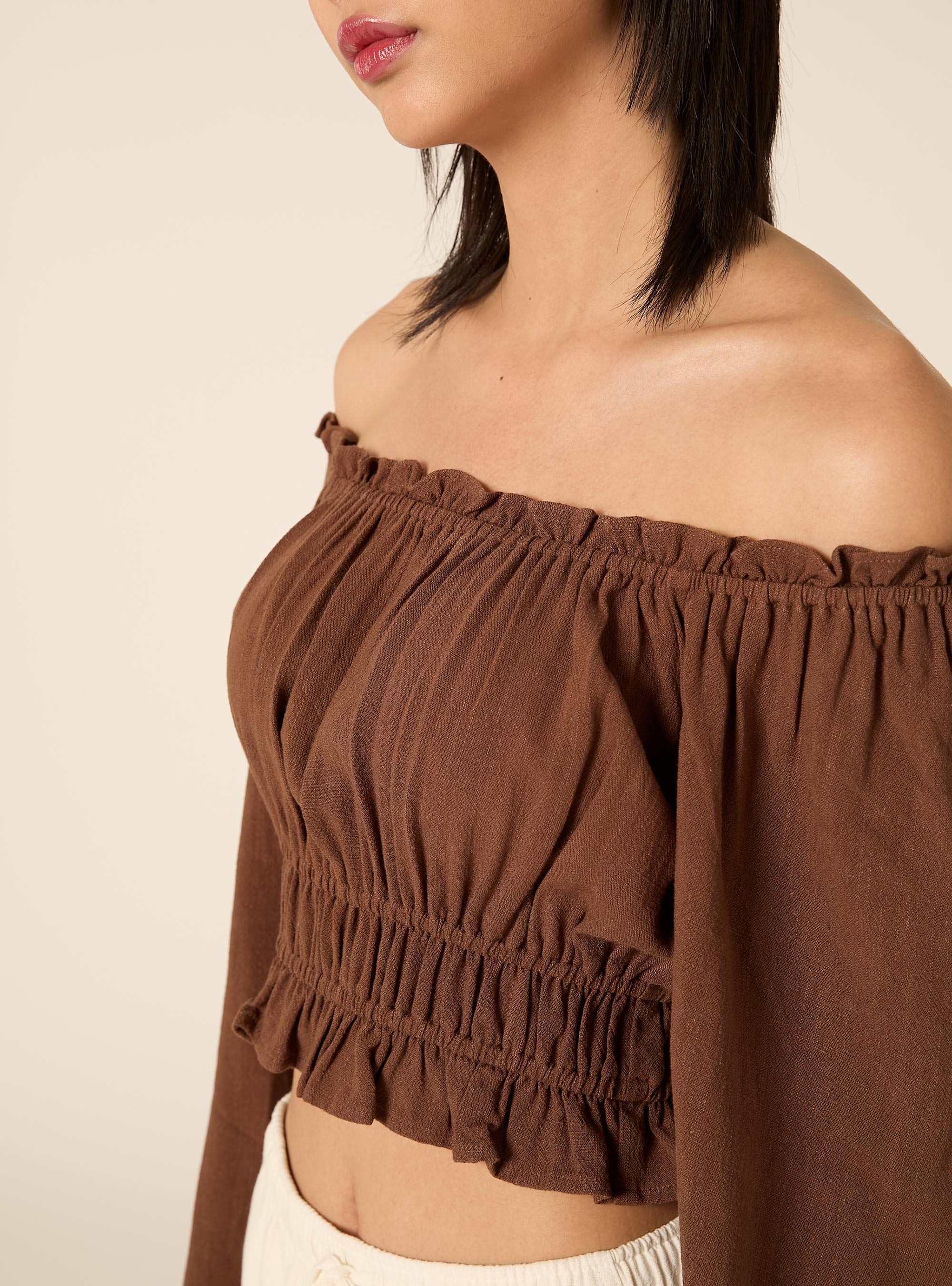 Blusa con spalle scoperte in misto lino, BR2 BROWN MEDIUM