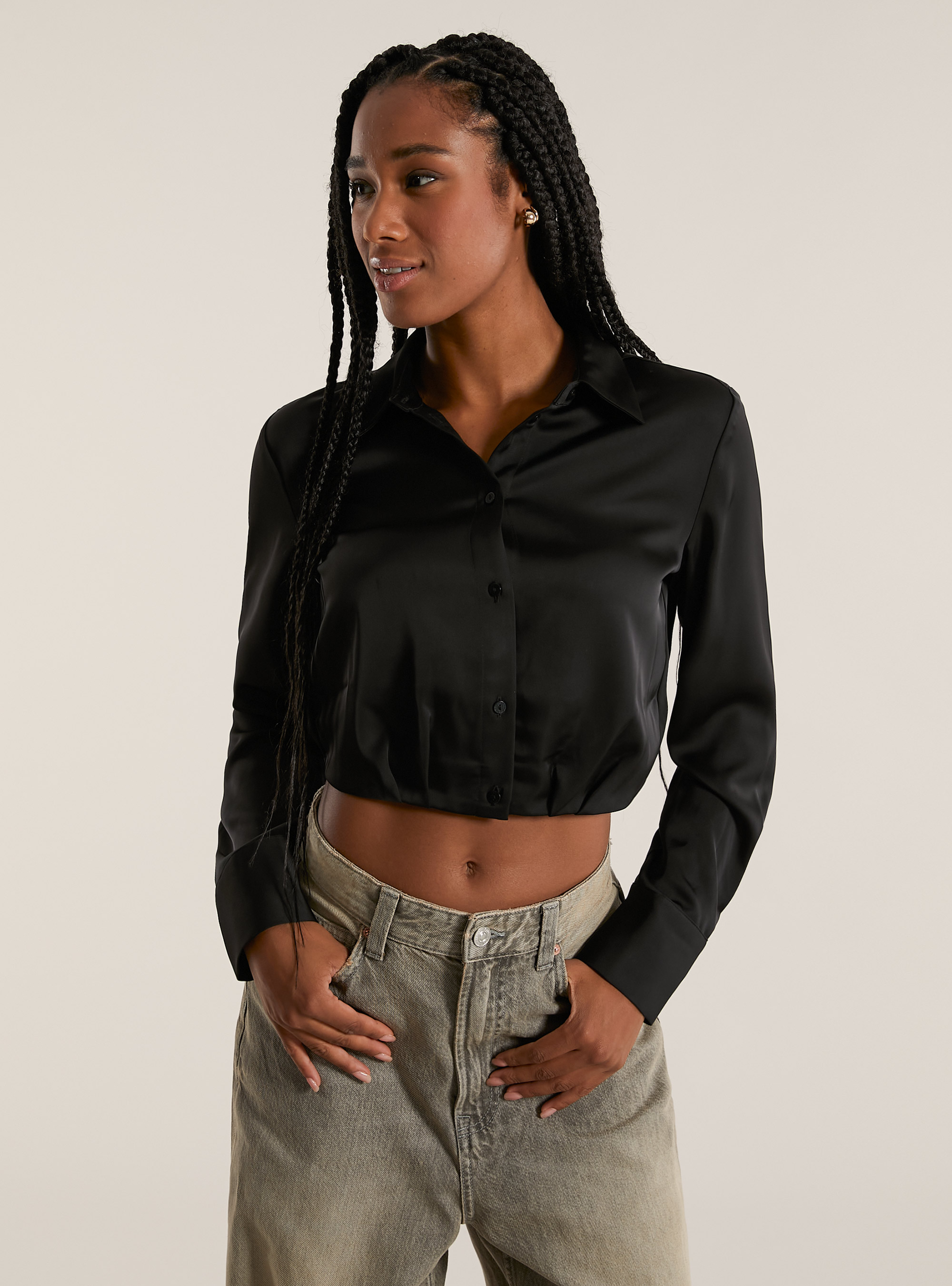 Satin cropped shirt, BK1 BLACK