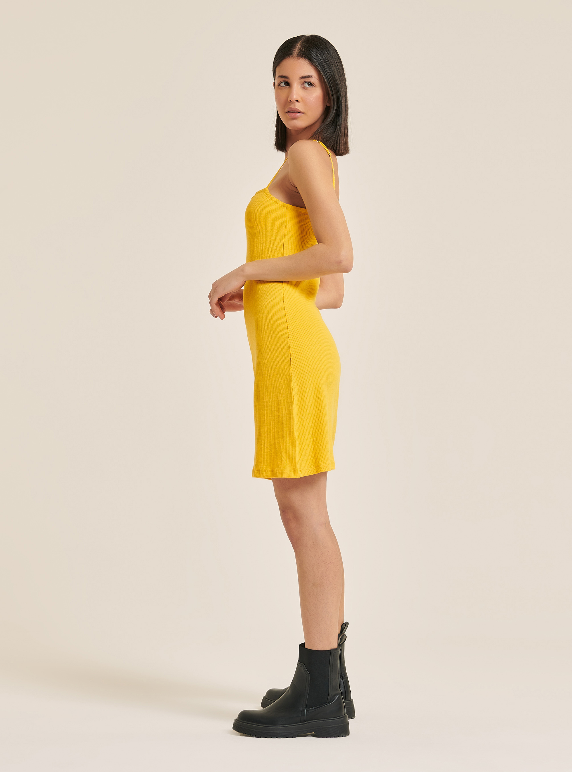 Ribbed mini dress with braces, C7713 YELLOW