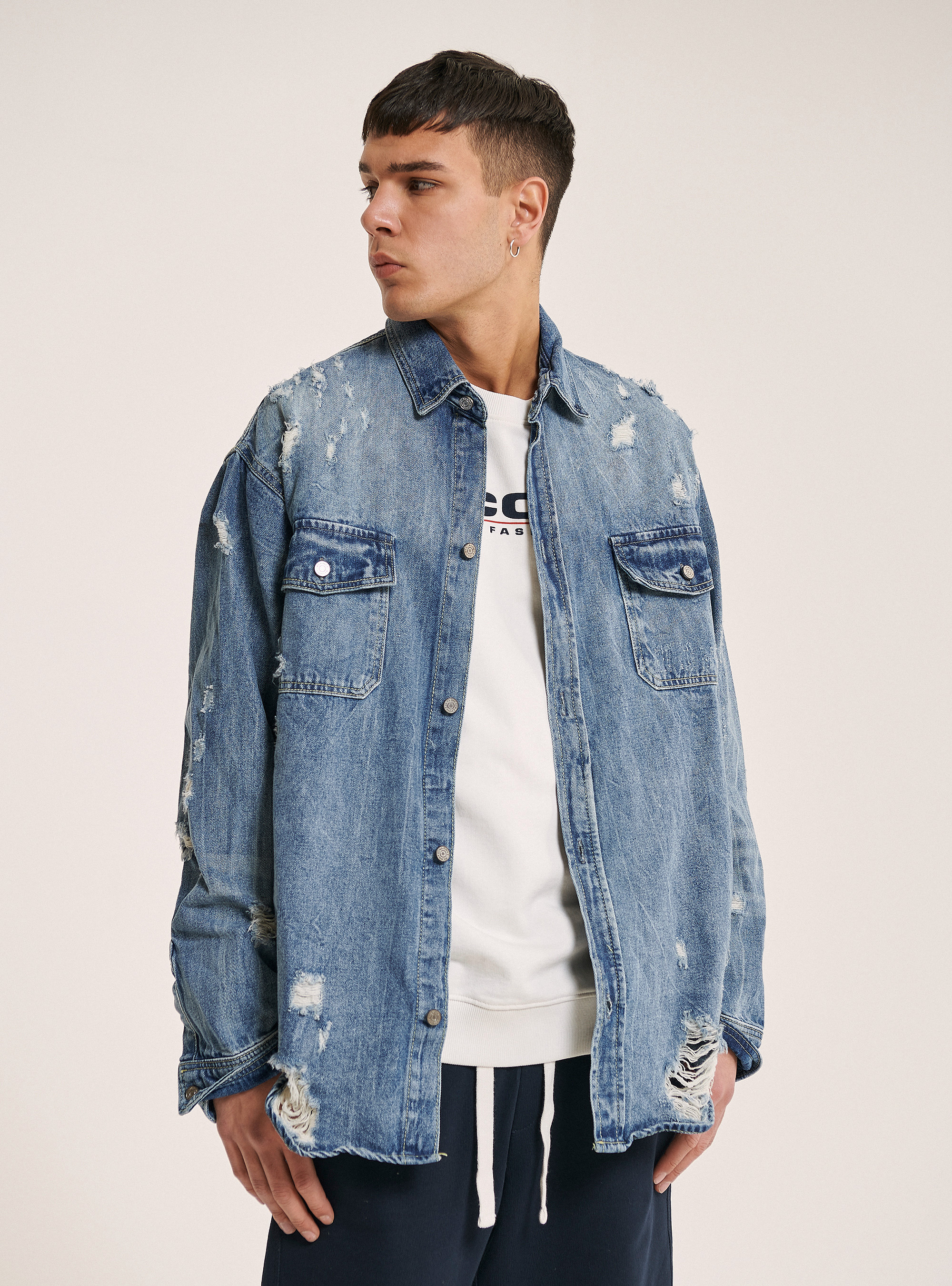 Ripped denim shirt, BLUE
