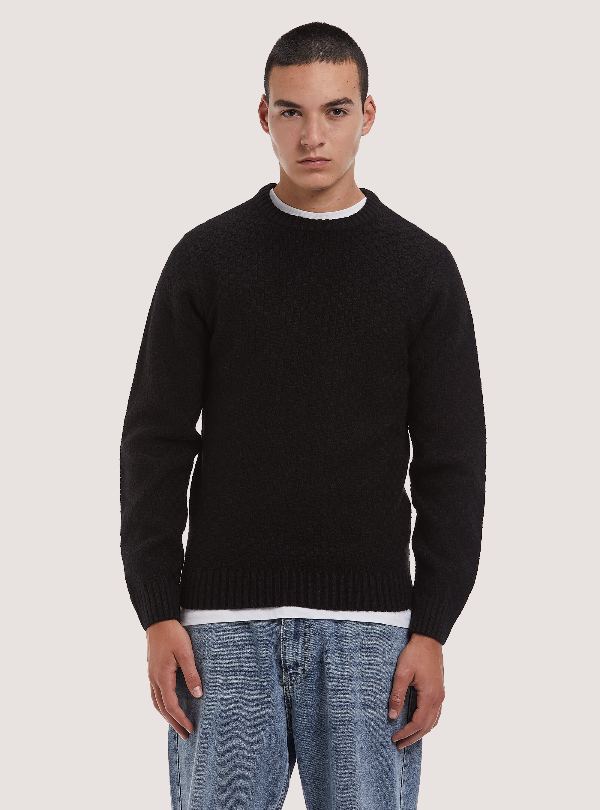 Pullover caldo con texture geometrica, BK1 BLACK
