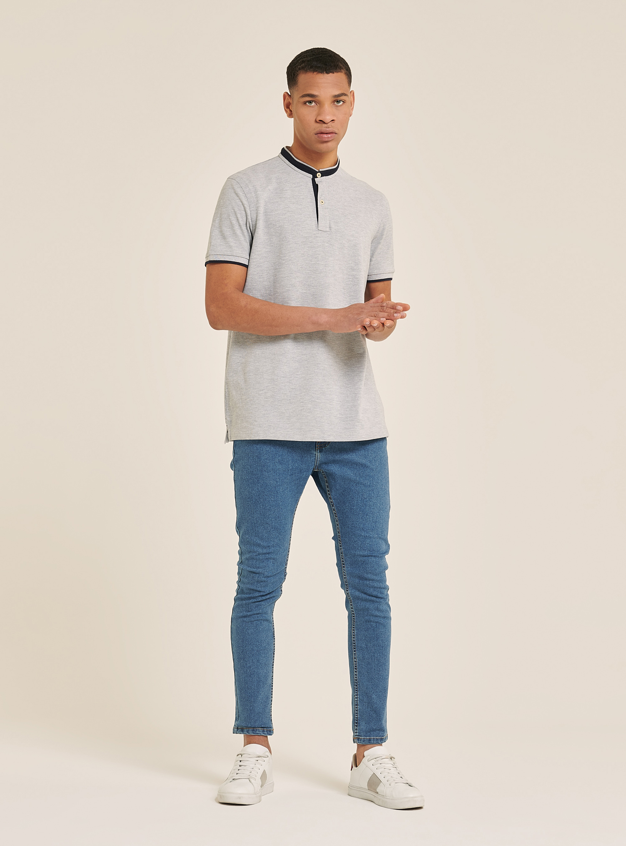 Cotton polo shirt with mandarin collar 