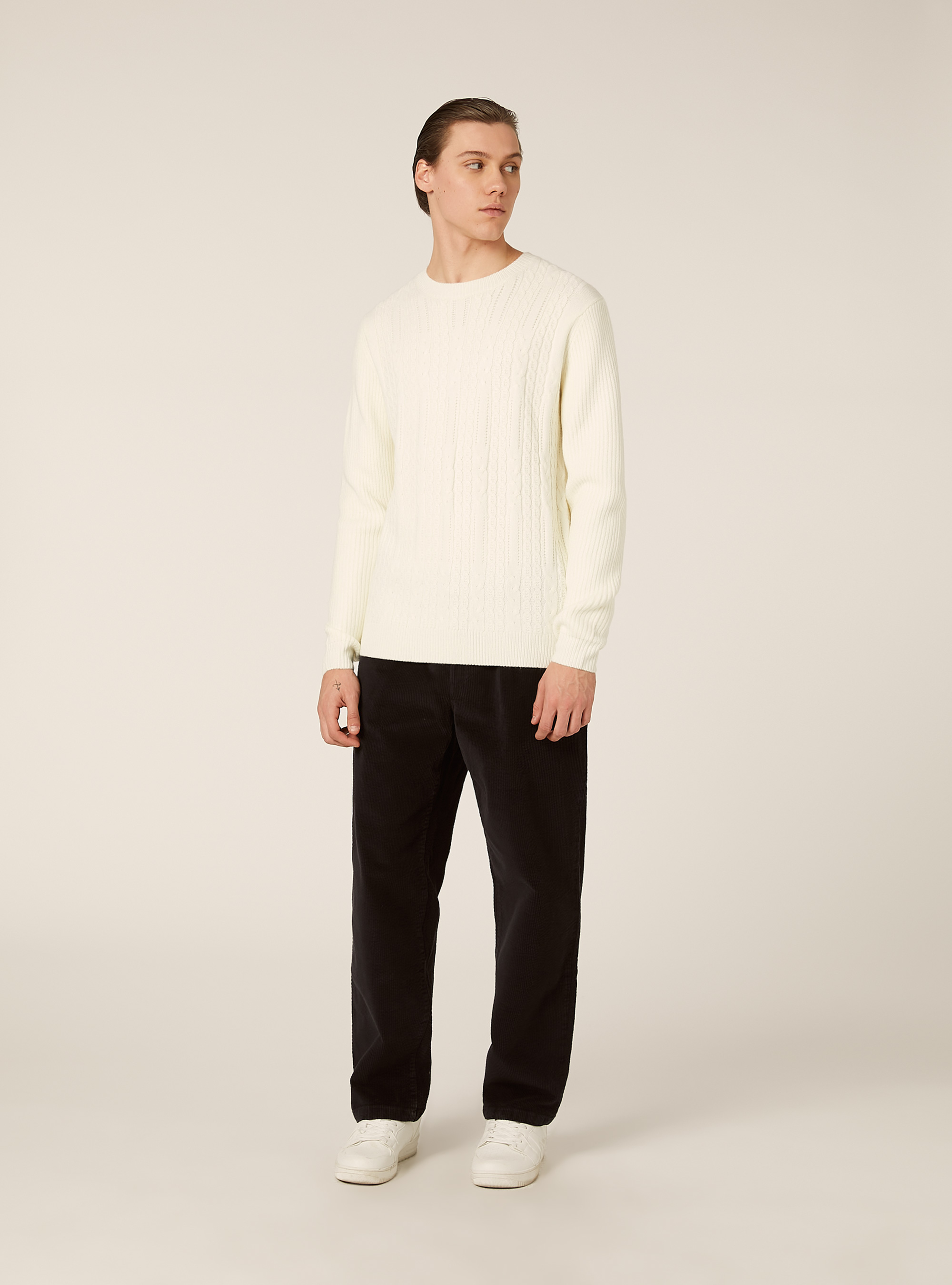 Maglione girocollo trecce, WH1 OFF WHITE