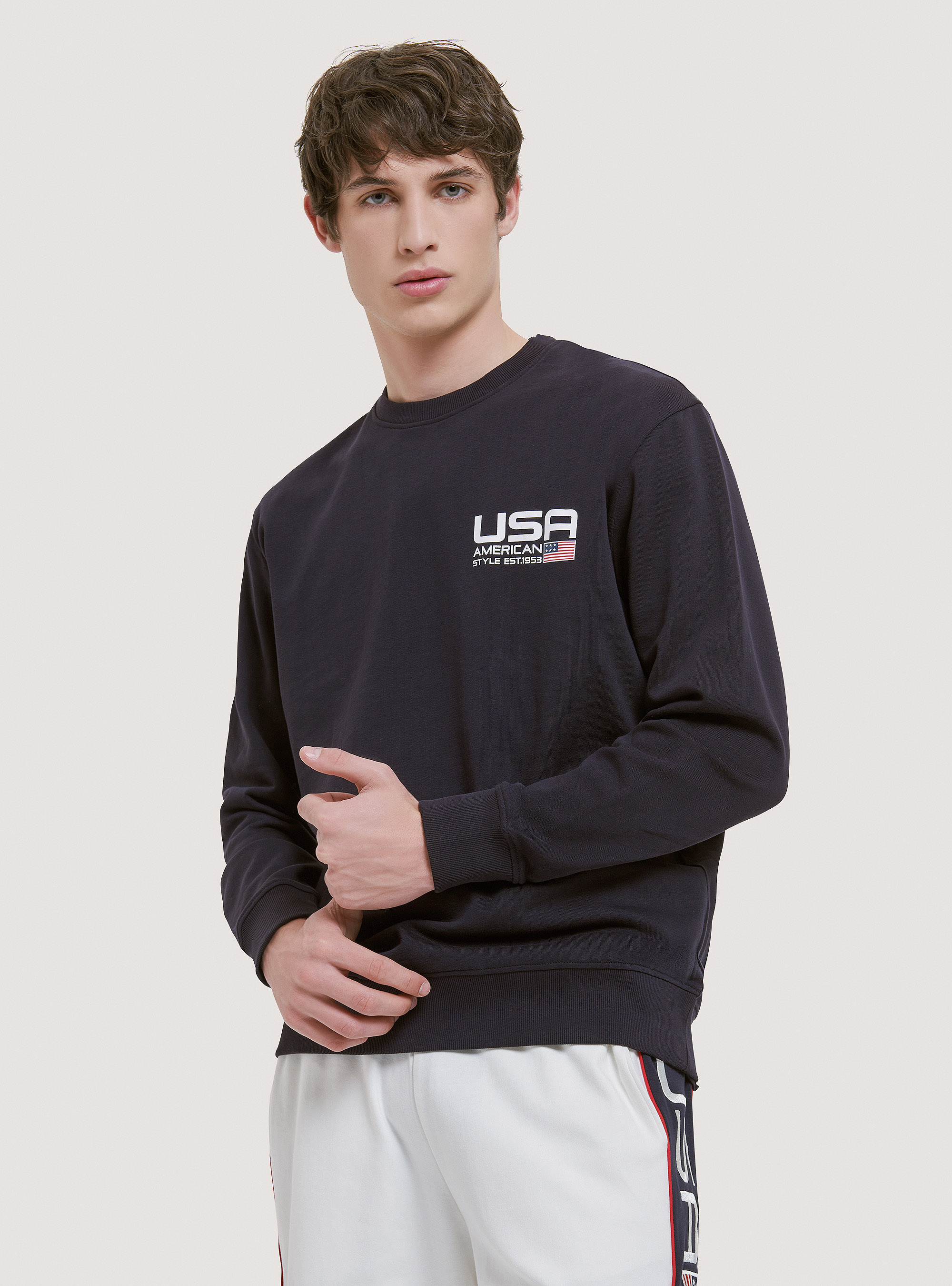 Baumwollsweatshirt mit Rundhalsausschnitt und Druck, C210 BLUE NAVY