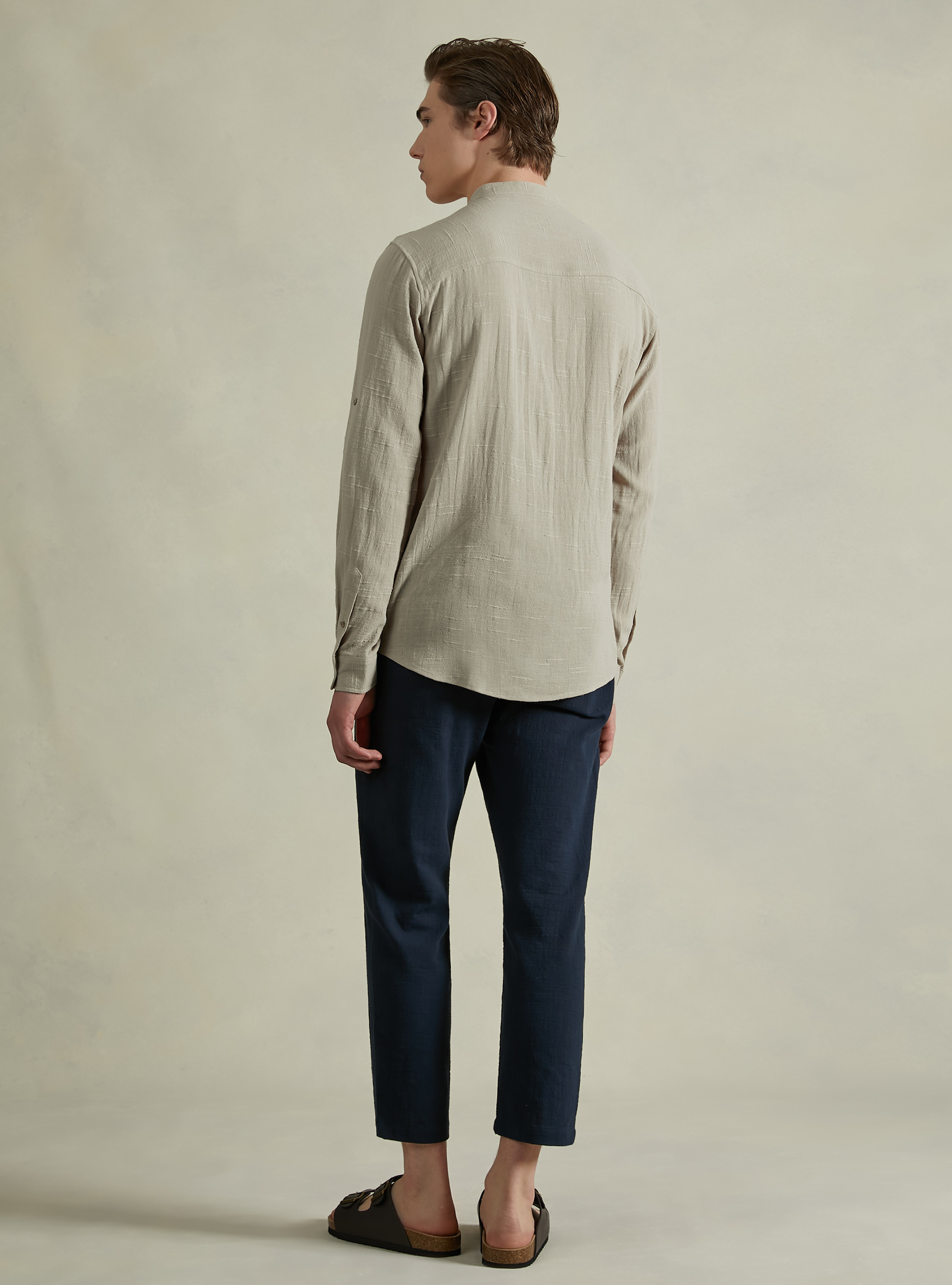Linen blend shirt with Korean collar, BG2 BEIGE MEDIUM