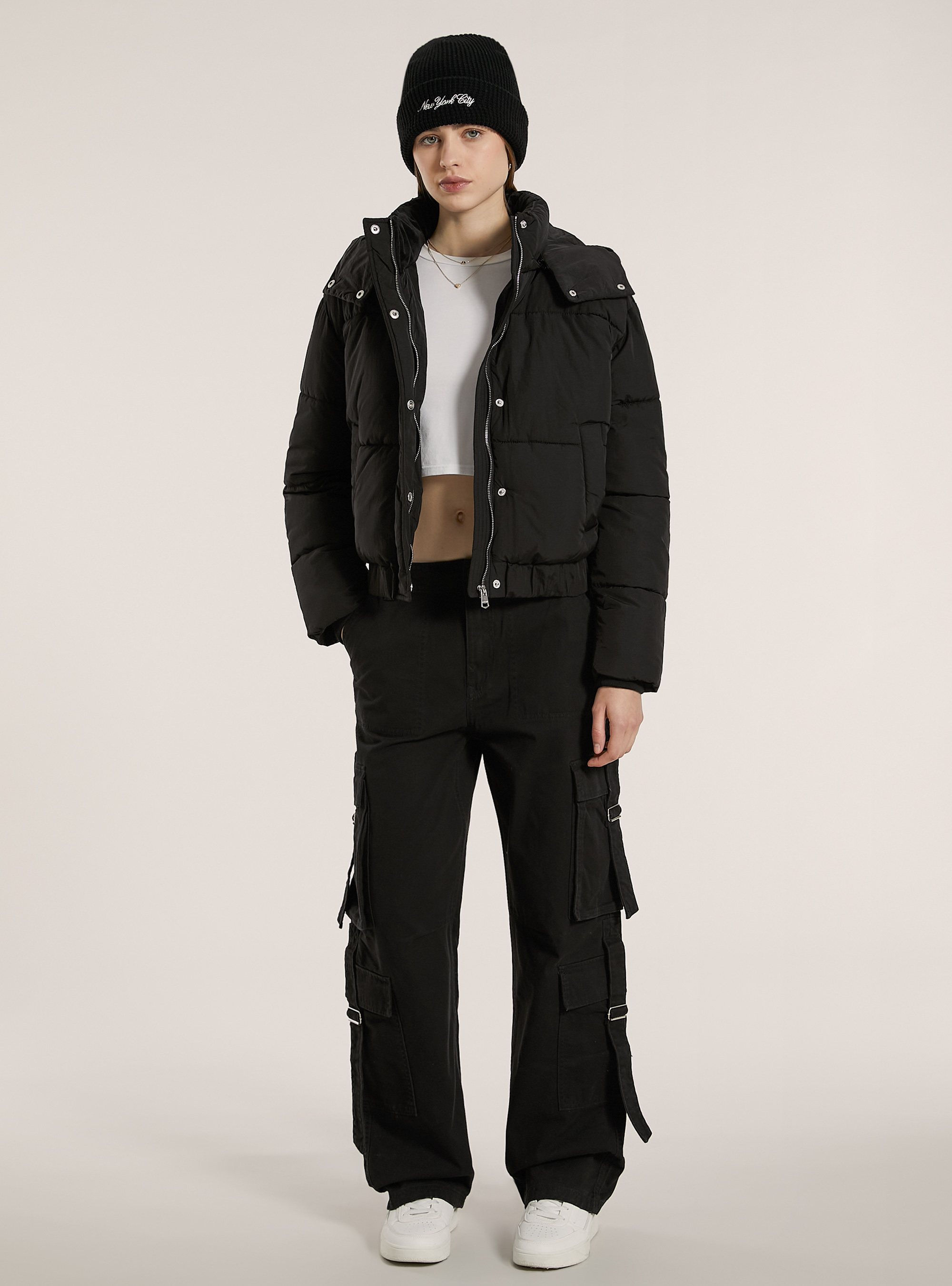 Puffy jacket with removable hood, BK1 BLACK