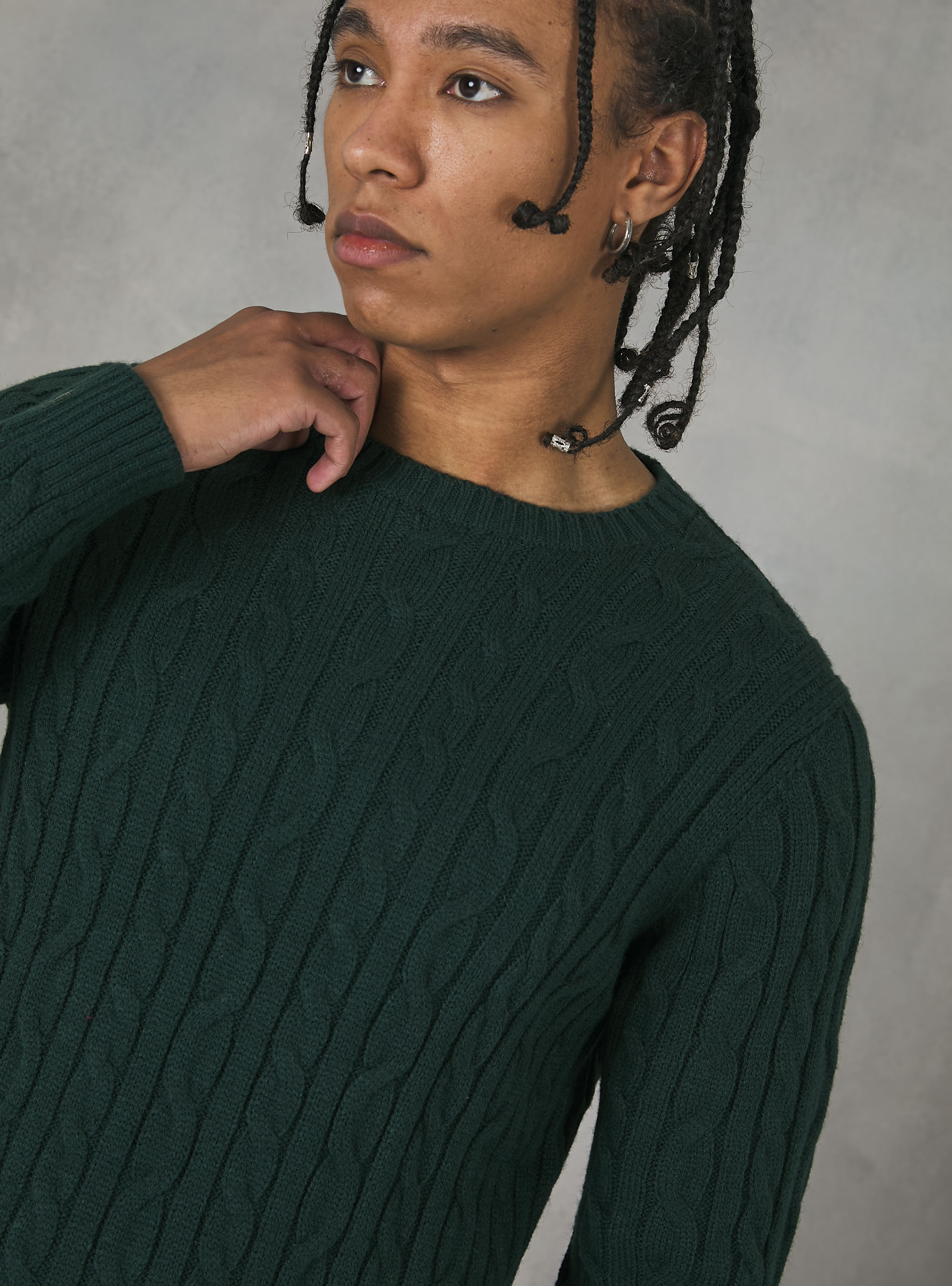 Crew-neck pullover with braids, GN1 GREEN DARK