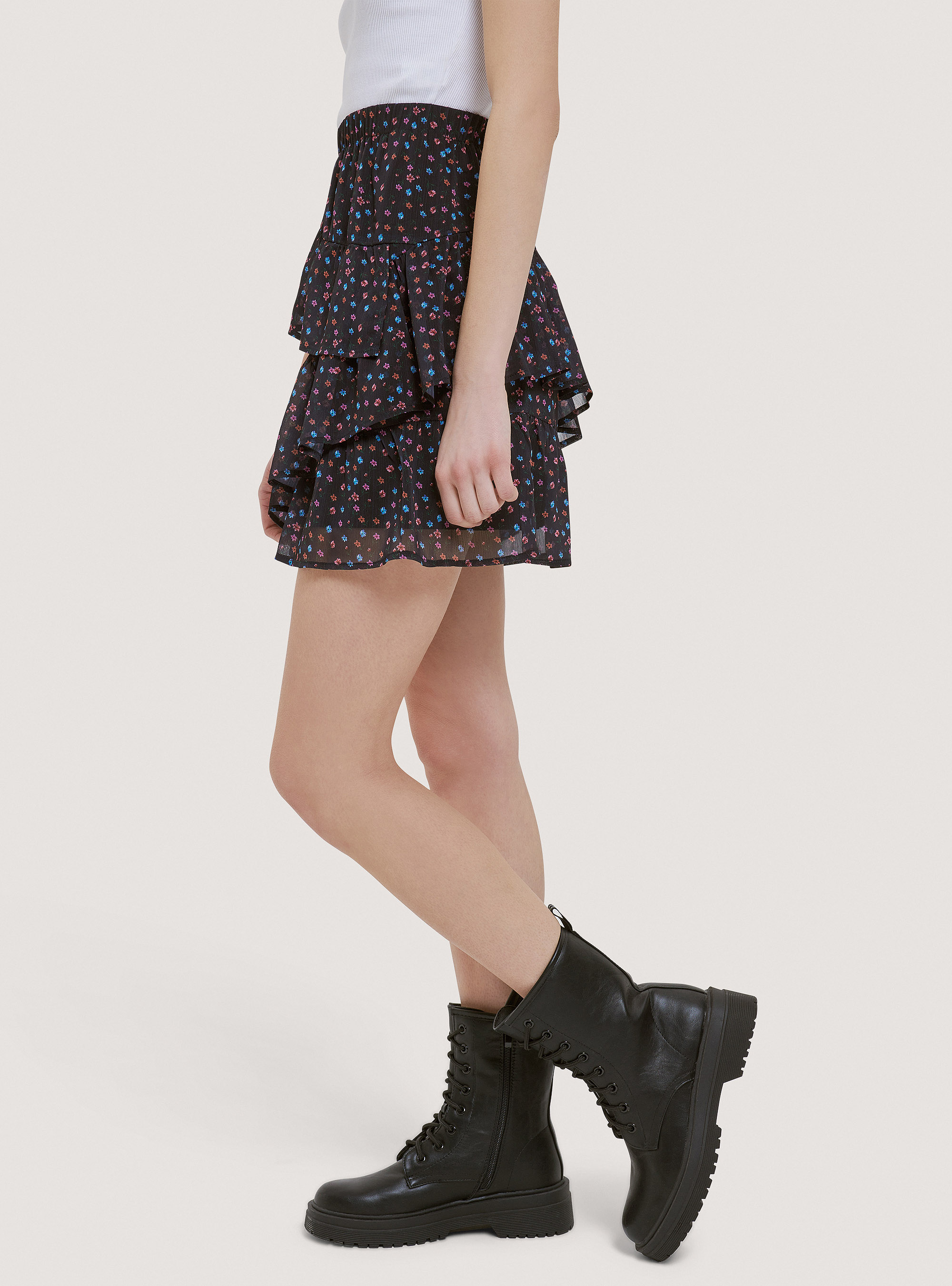 Minifalda con volantes florales, FLOR NEGRA