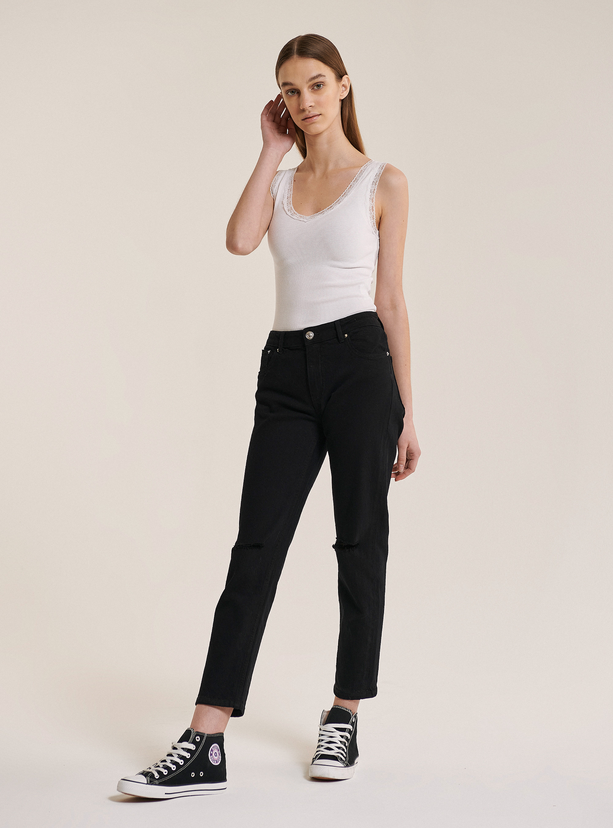 Pantalons twill stretch slim boyfriend, C101 BLACK