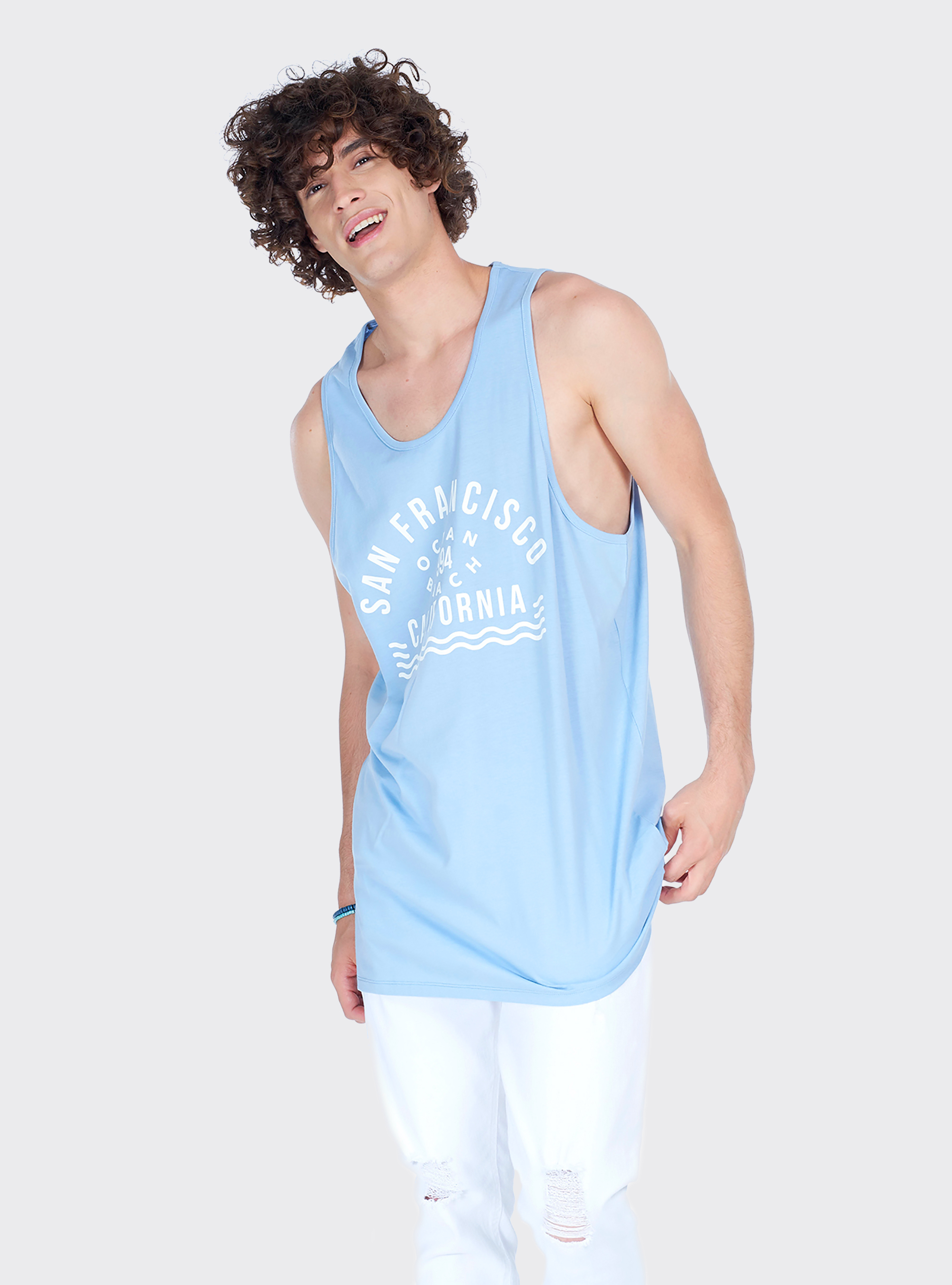 Canotta long e oversize fit con stampa lettering, AZZURRO