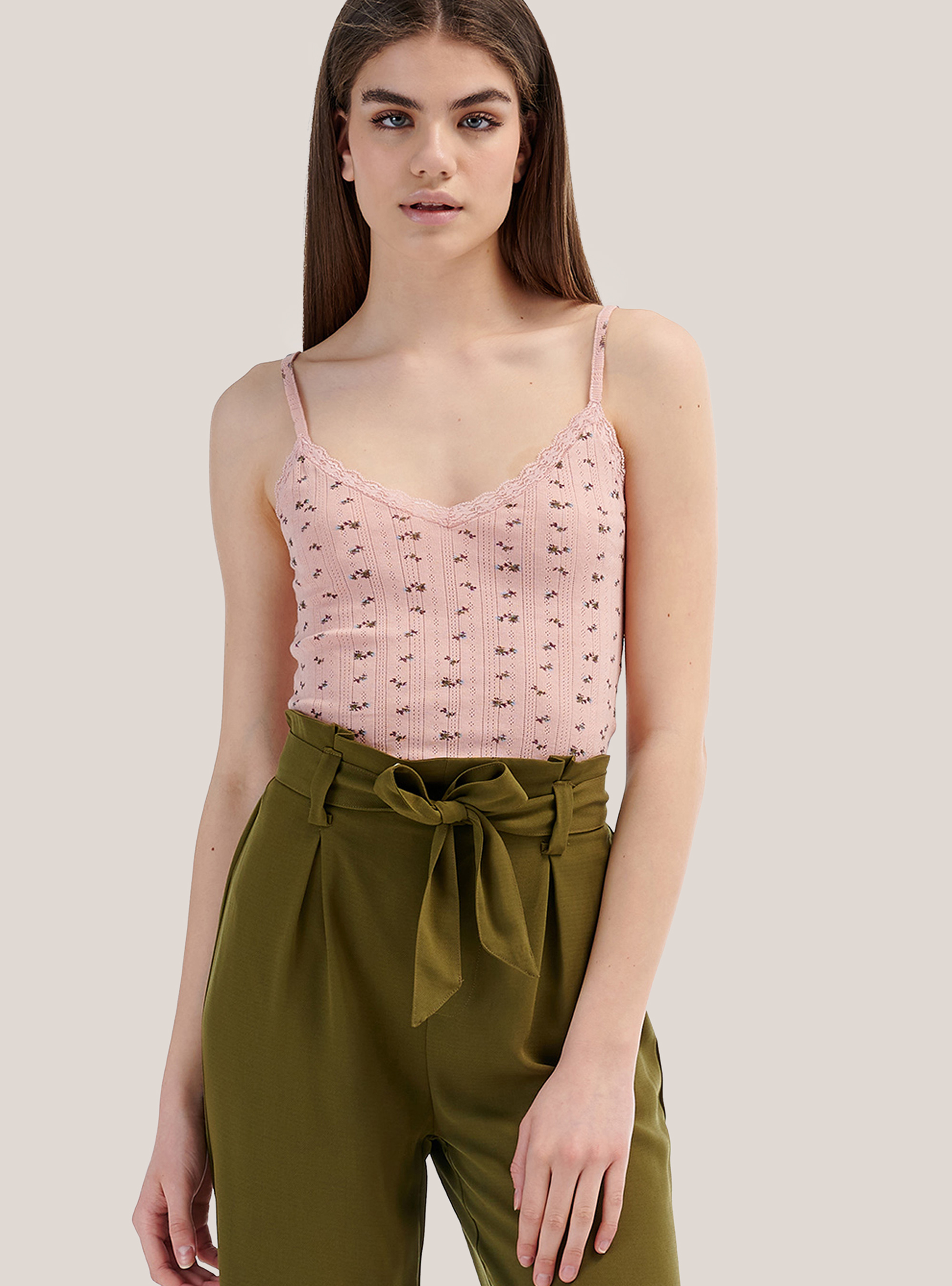 Cropped top a costina con stampa a fiori, ROSA