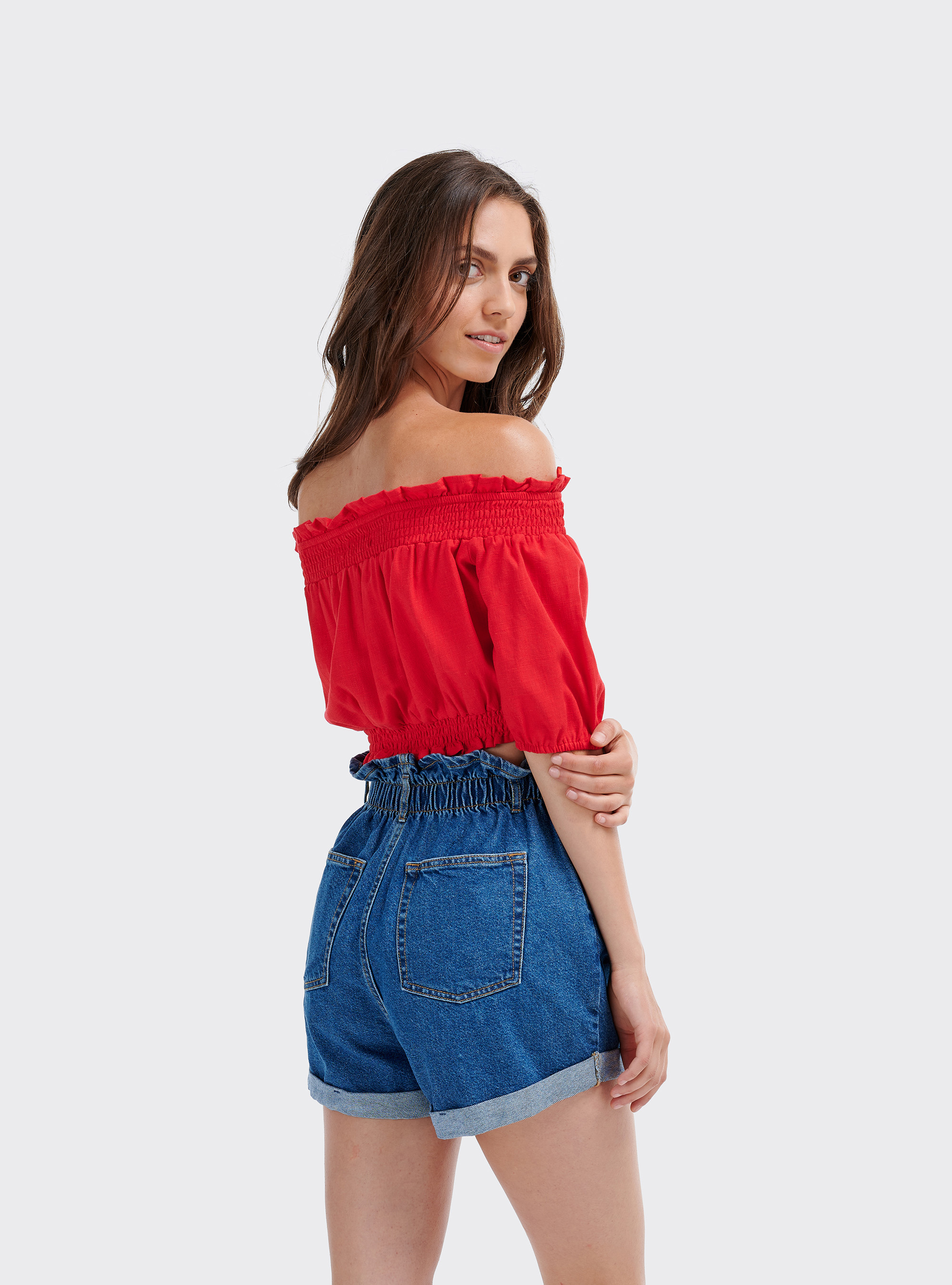 Blusa cropped con maniche a sbuffo, ROSSO