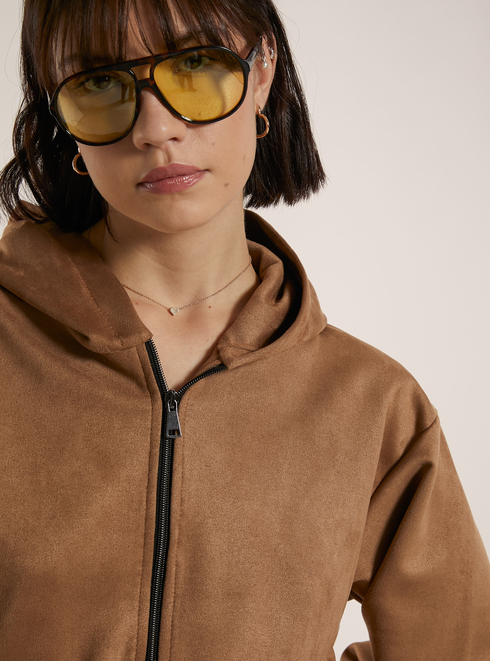 Genderless boxy fit sweatshirt with suede effect zip, TB2 TOBACCO MEDIUM