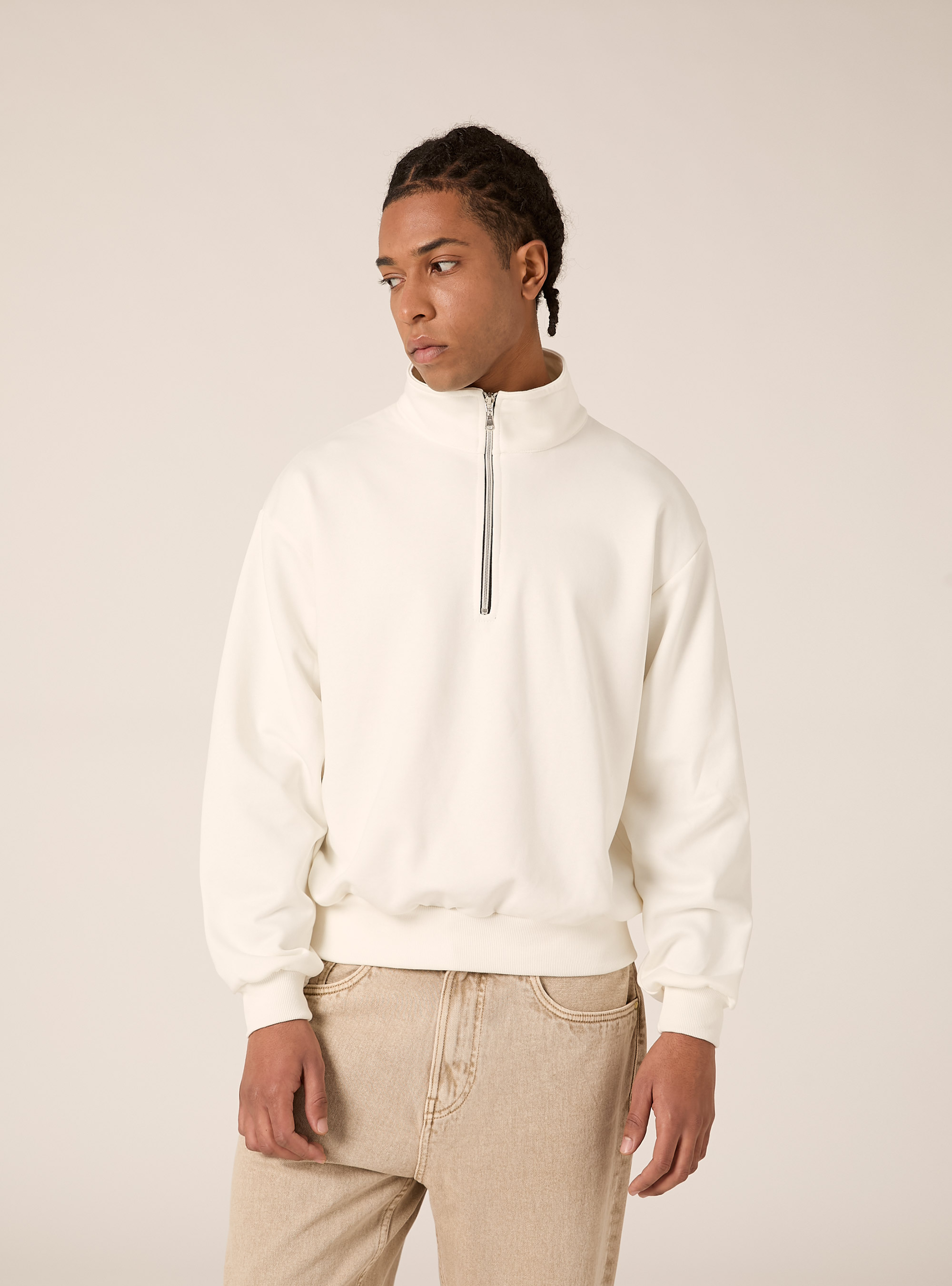 Felpa mezzo collo con zip boxy fit, WH1 OFF WHITE